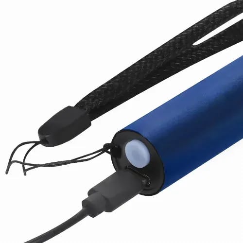 A blue torch keyring with a black lanyard, featuring a bottom charging port and a light source.