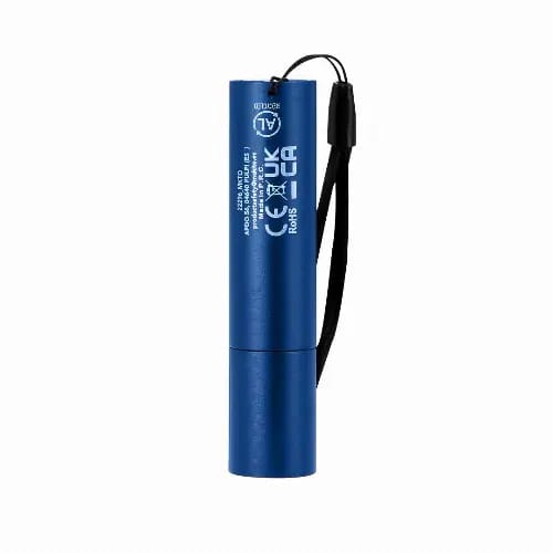 A blue torch with a cylindrical shape and a wrist strap, featuring a branding logo.