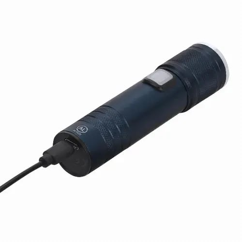 A blue torch with a textured grip, featuring a charging port and button. It has a logo on the body.