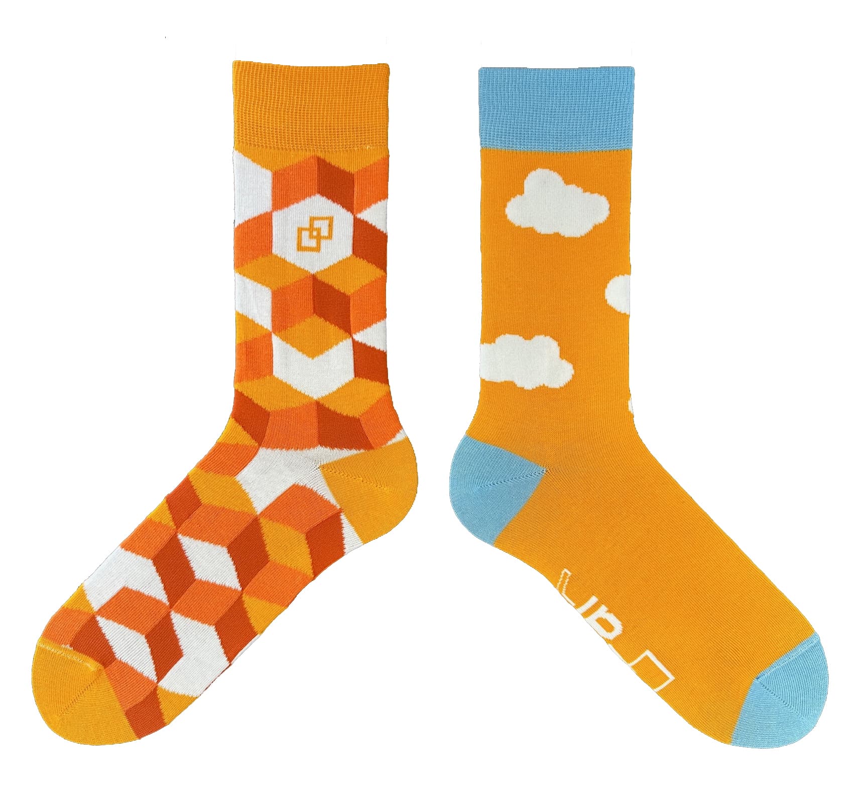 A pair of socks featuring an orange geometric design on one and a cloud pattern on the other, with blue accents.
