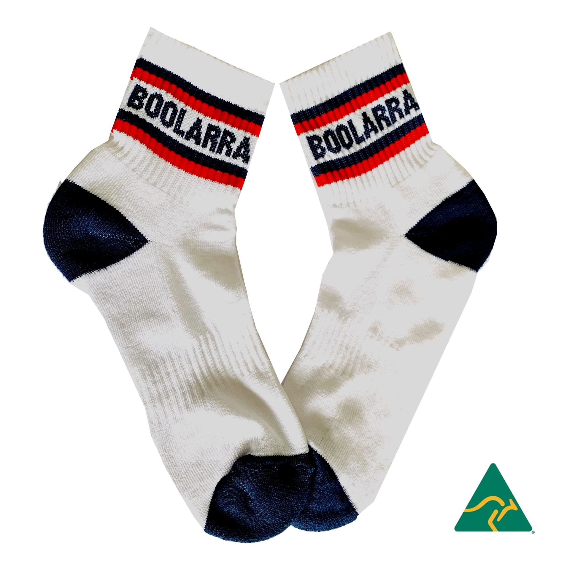 Premium cotton sports quarter socks featuring white and navy colours with a striped design and a logo.