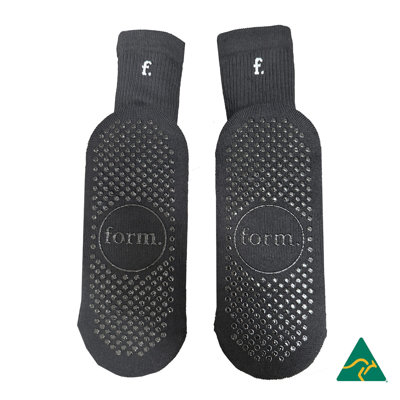 Black Crew Grip socks featuring a textured grip pattern and branding. Ideal for comfortable wear.