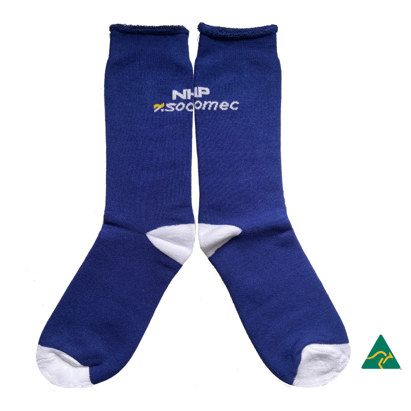 Blue bamboo full terry work socks with white accents and a logo.