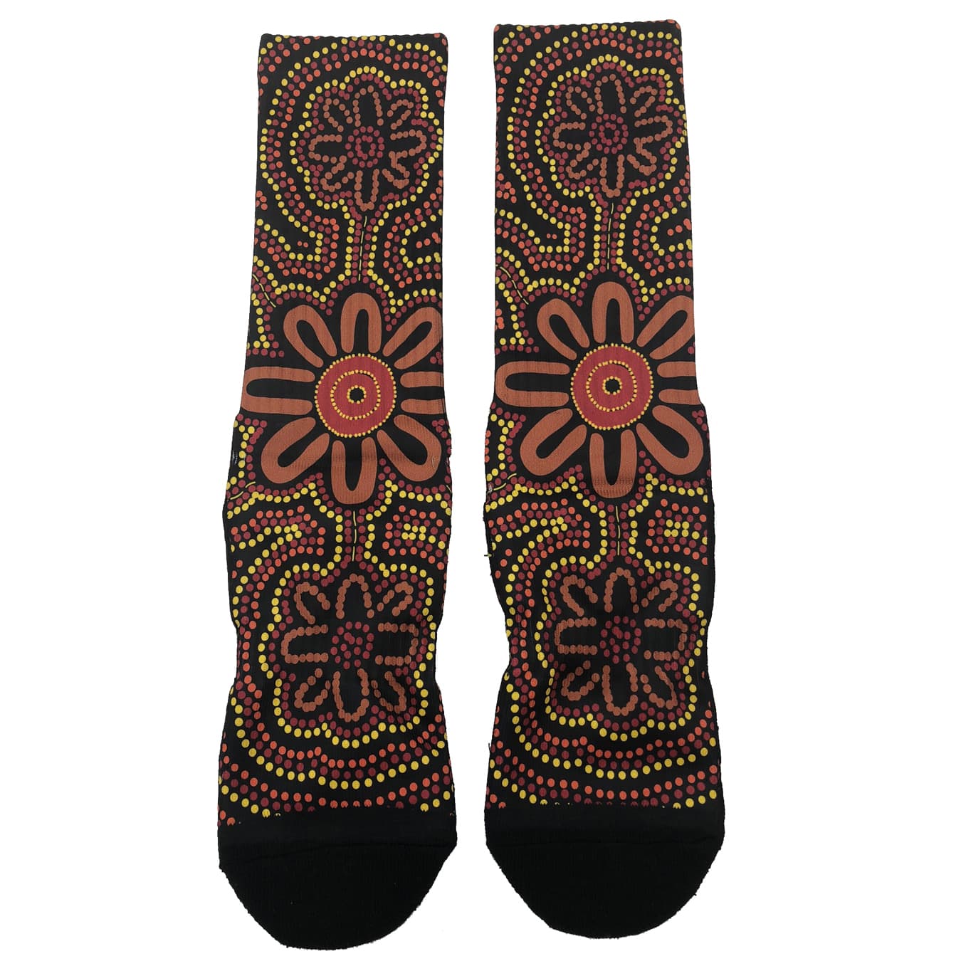 Full sublimation socks featuring a black background adorned with intricate floral patterns in red, yellow, and orange.