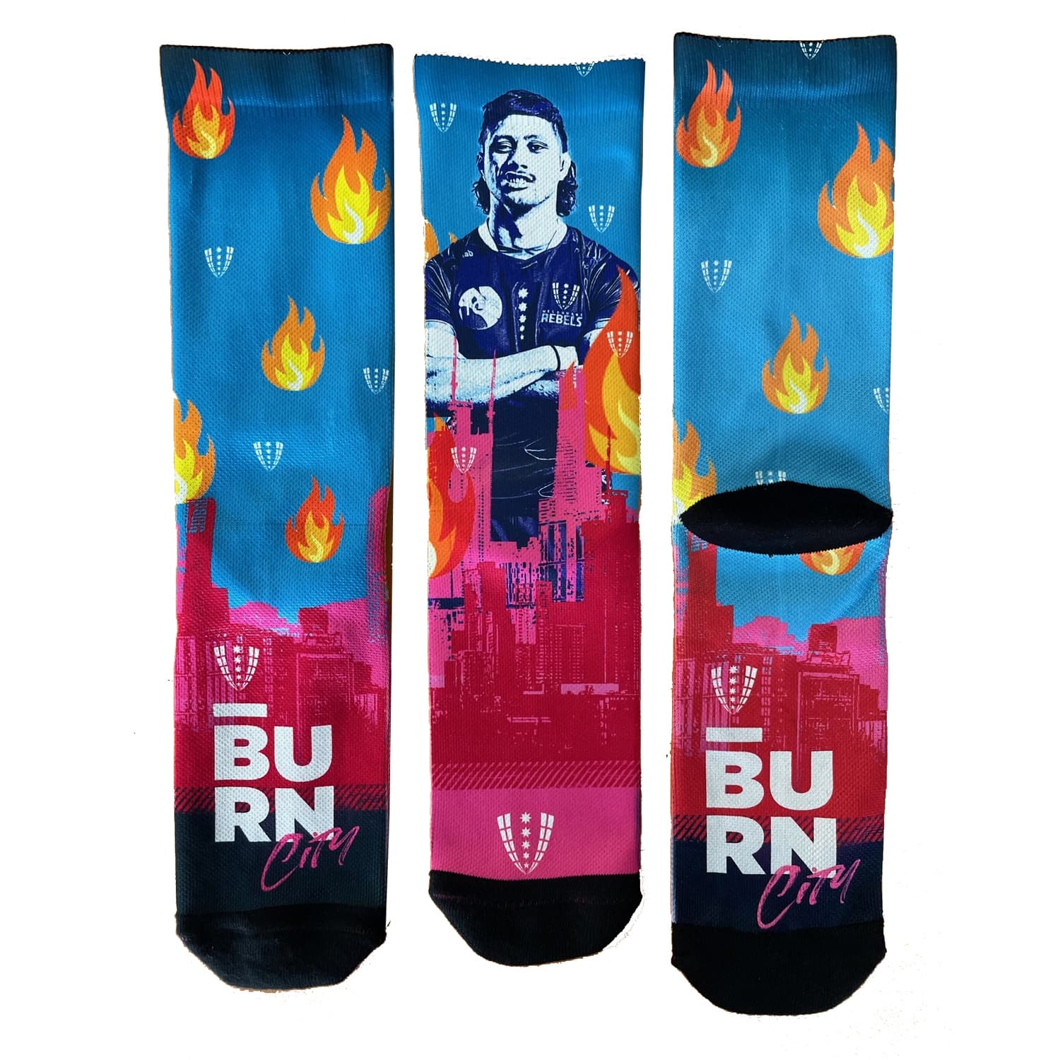 Sublimated socks featuring a blue background with flames and a bold graphic design in vibrant colours.