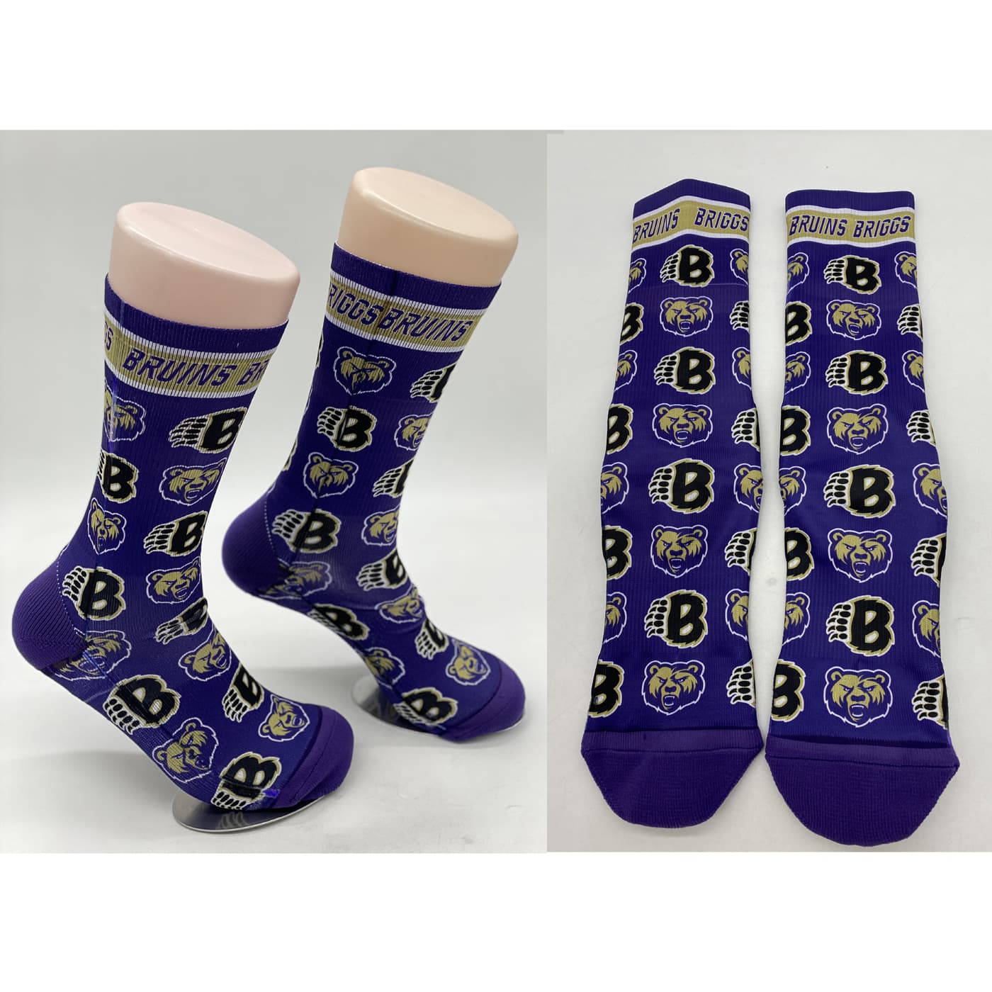 Purple socks featuring bear graphics and a logo, designed for sublimation. Two pairs are displayed.