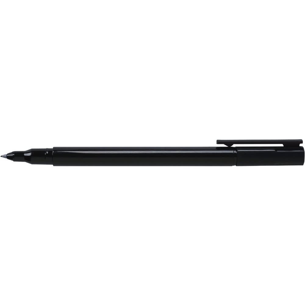 A black marker pen designed for writing on CDs and DVDs, featuring a cap and a fine tip.