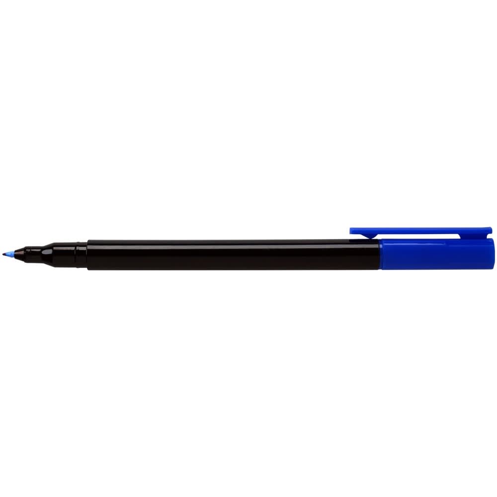 A marker pen with a black body and blue tip. It features a clip on the cap.