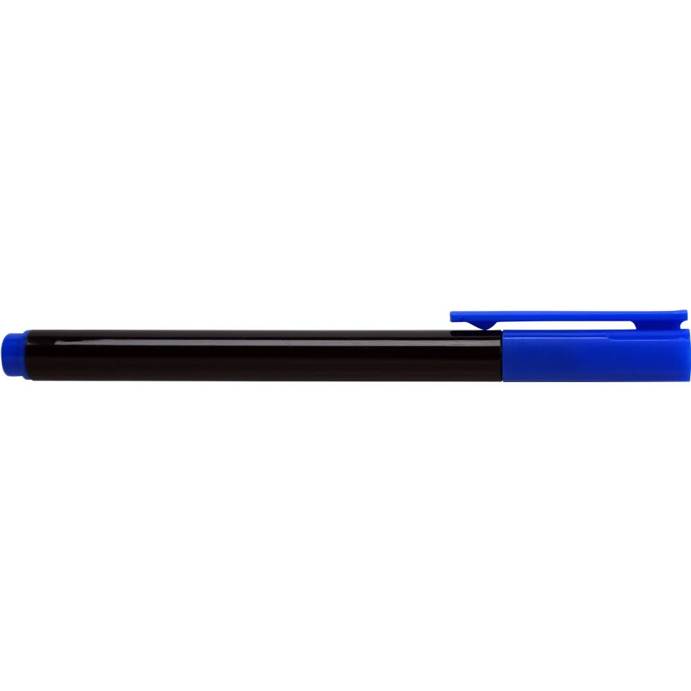 A blue CD/DVD marker pen with a black body and blue cap, featuring a logo on the side.