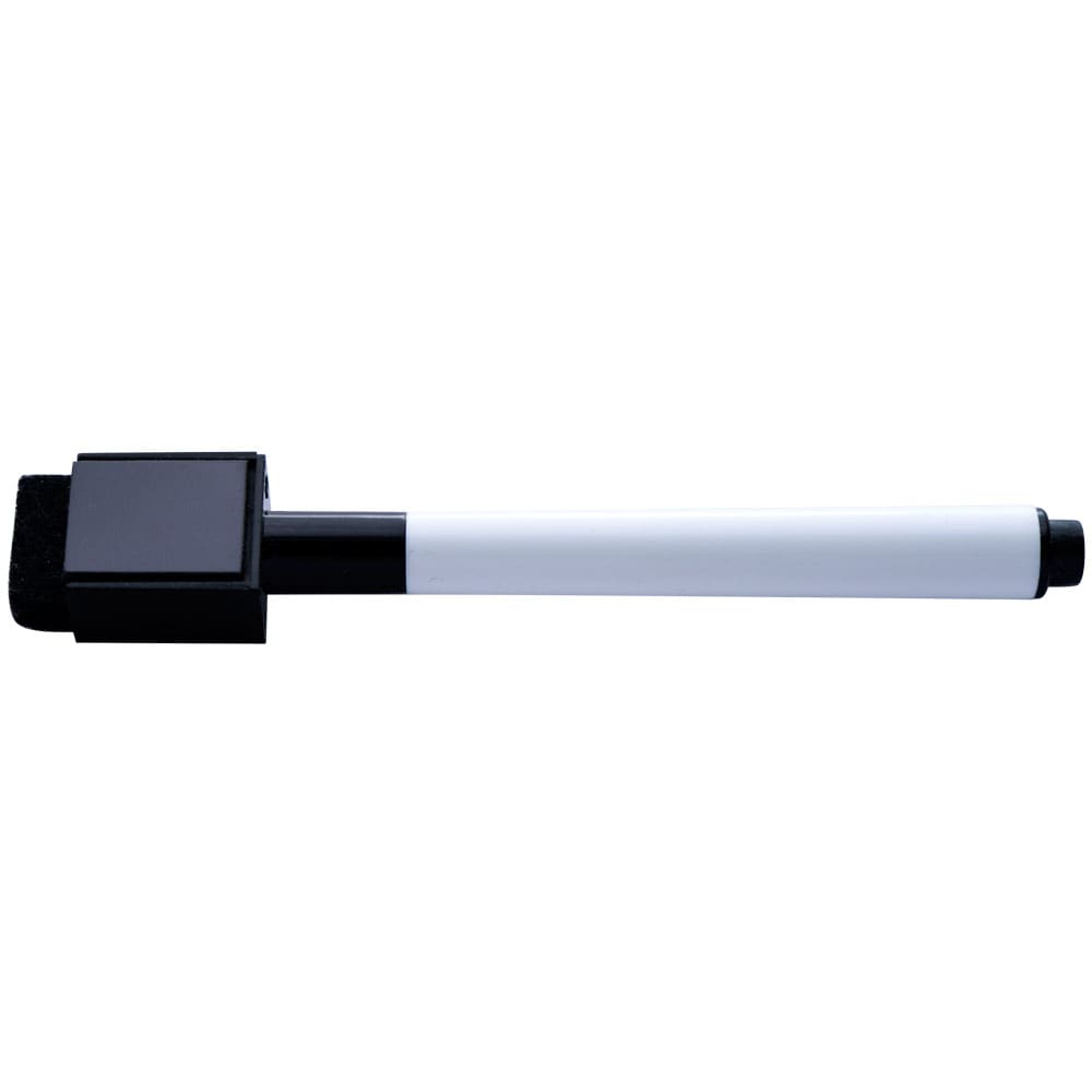 A slim whiteboard pen with a black tip and a built-in magnet for easy storage. The body is predominantly white.