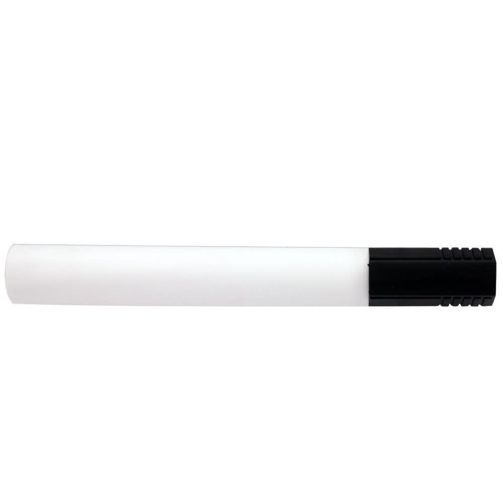 A whiteboard marker with a black cap and a white body, featuring a simple design and branding.