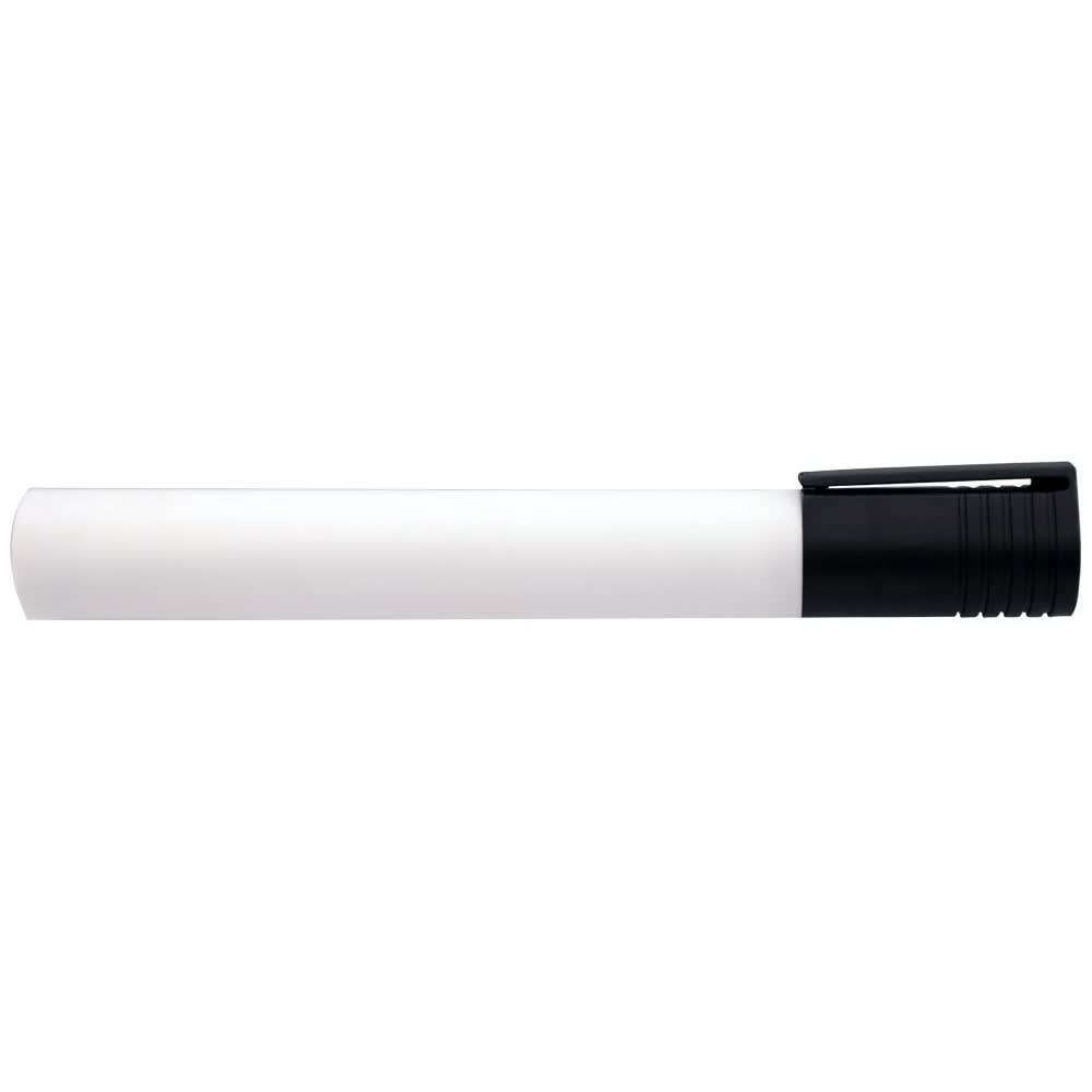 A whiteboard marker with a white barrel and black cap, featuring a logo.