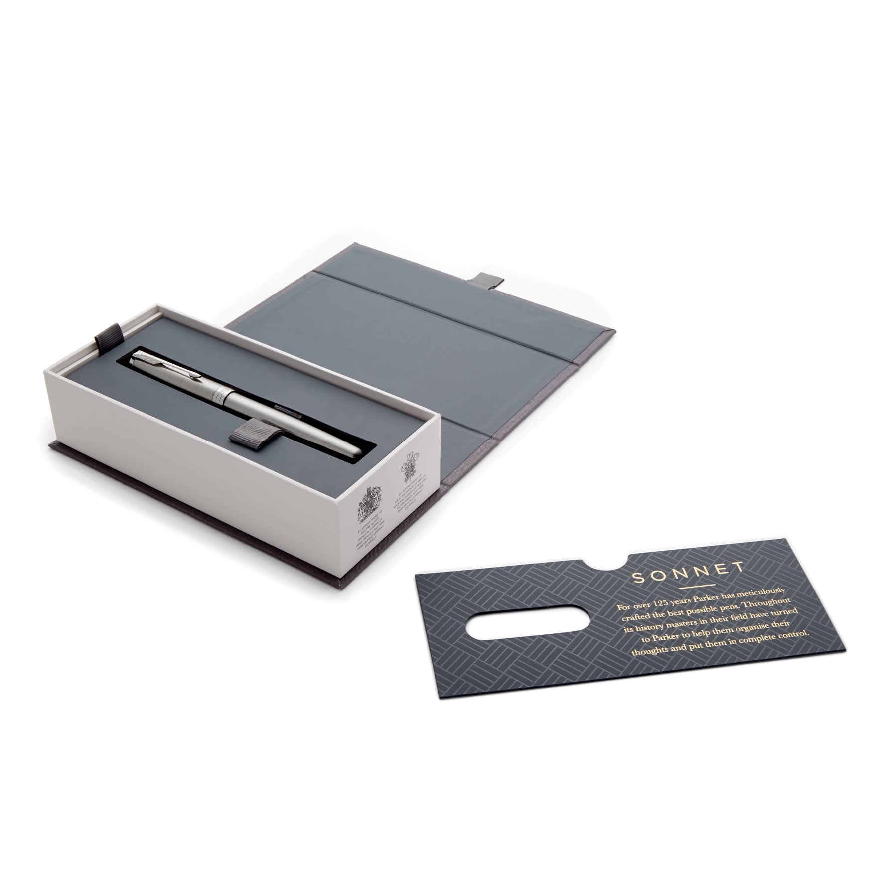 A metal rollerball pen in brushed stainless steel, presented in a grey box with a decorative card.
