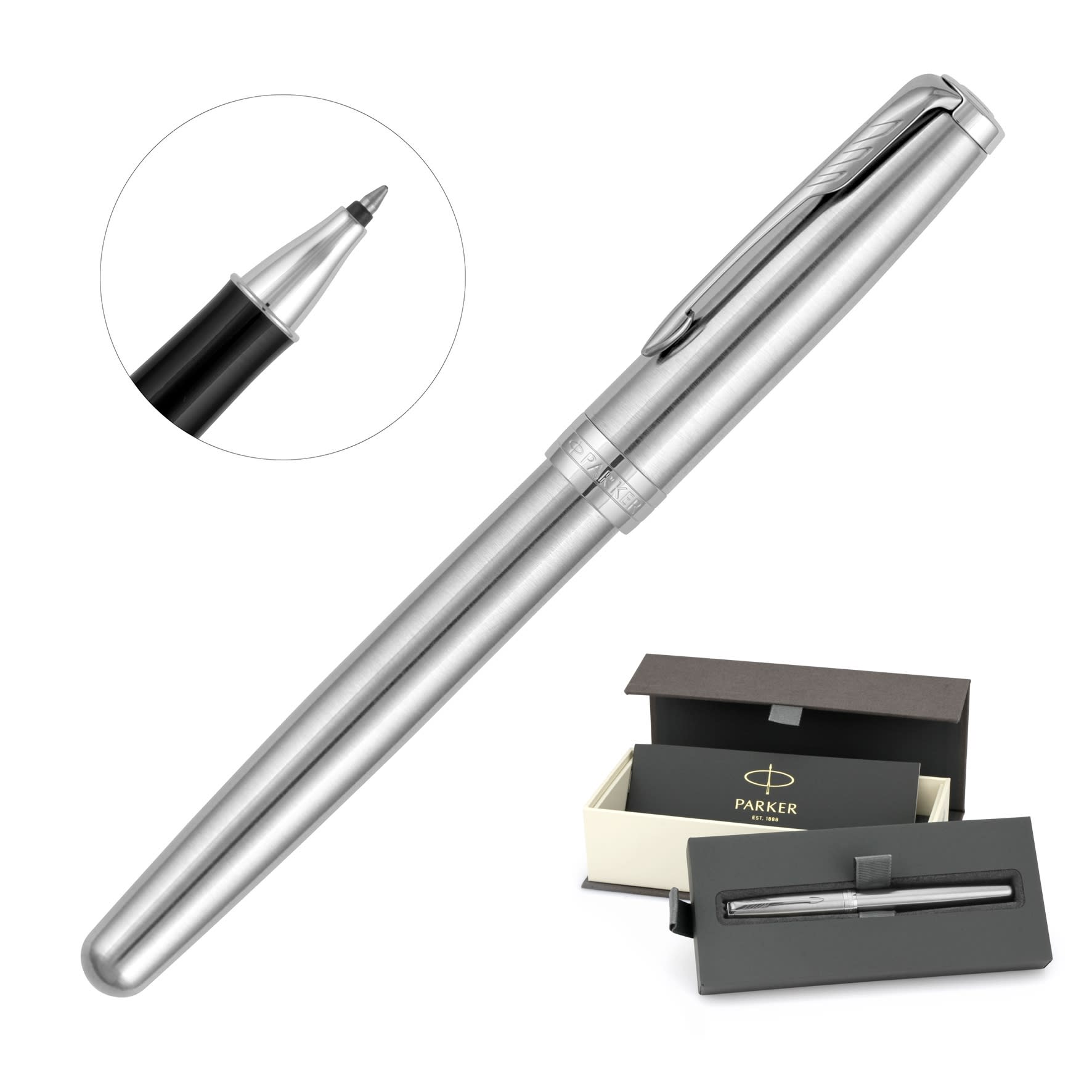 A brushed stainless steel rollerball pen with a black tip, presented in a branded box.