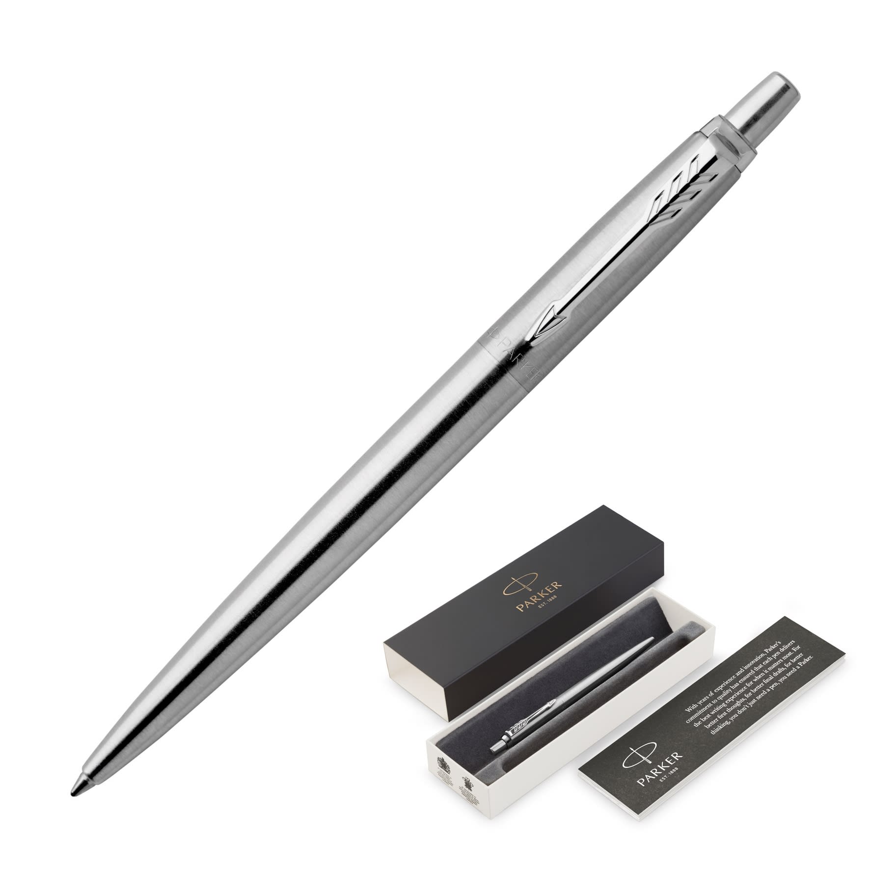 A brushed stainless steel ballpoint pen in a presentation box, featuring a sleek, modern design.