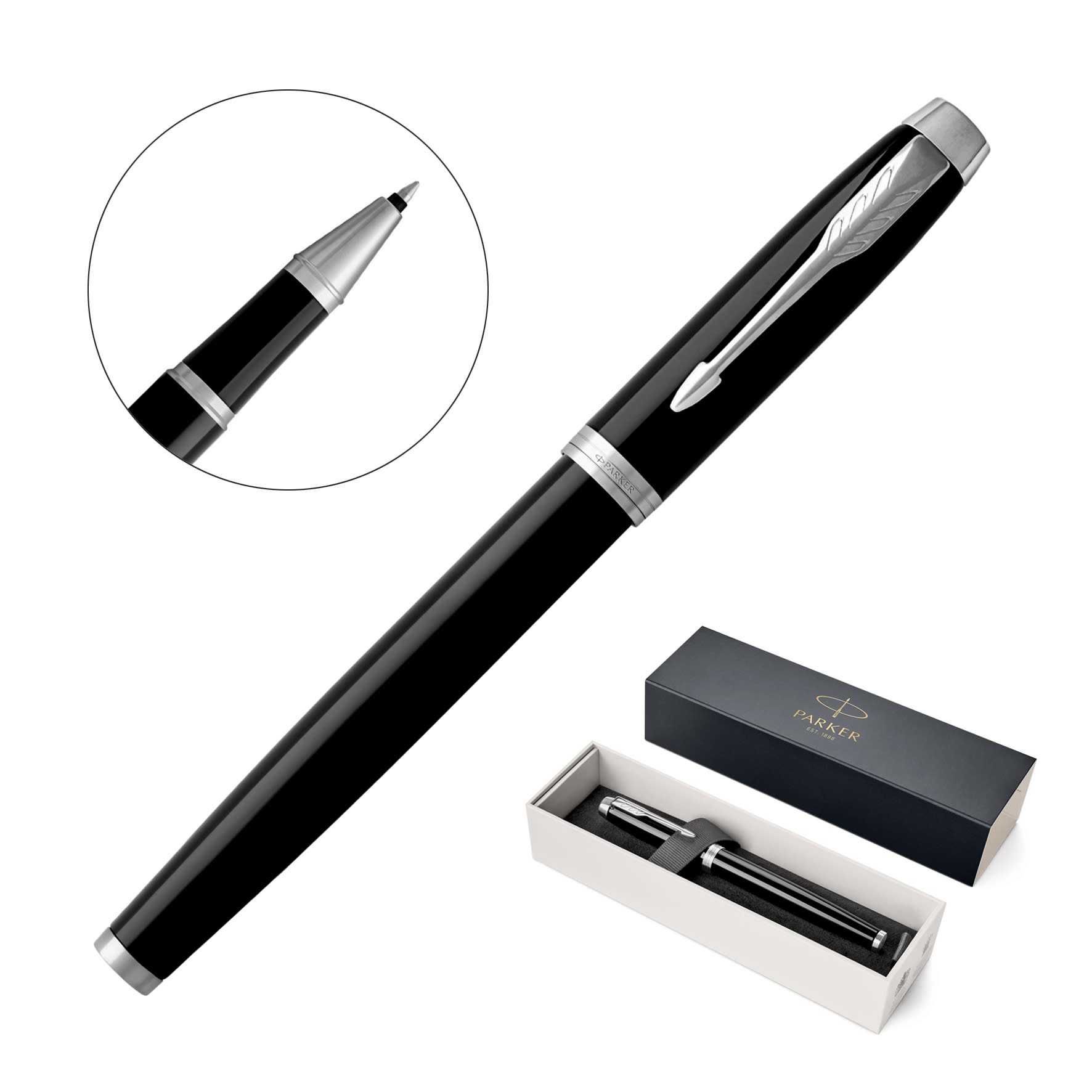 A metal rollerball pen in lacquer black with silver accents, presented in a gift box.