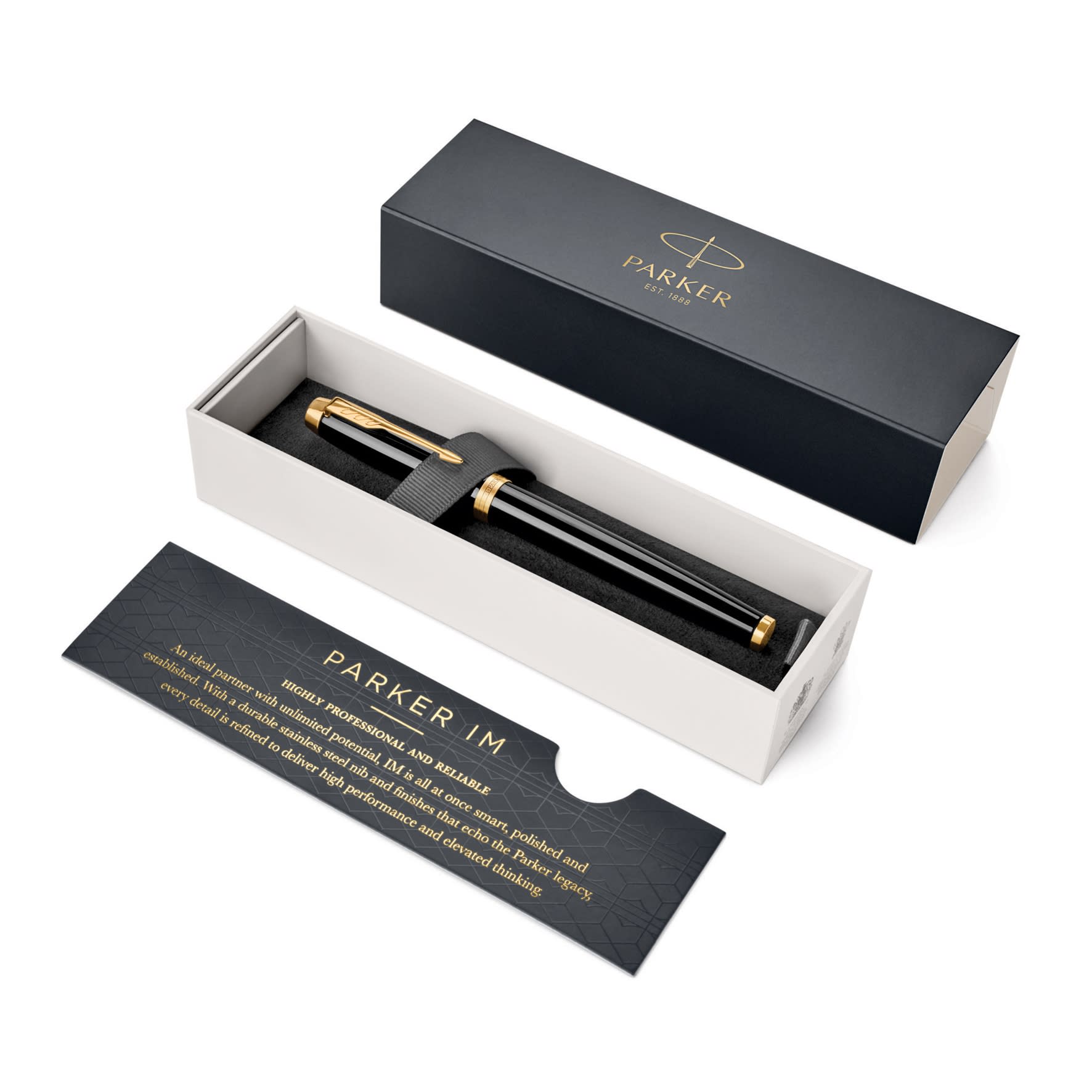 A rollerball pen in lacquer black with gold trim, presented in a stylish box with a branding logo.