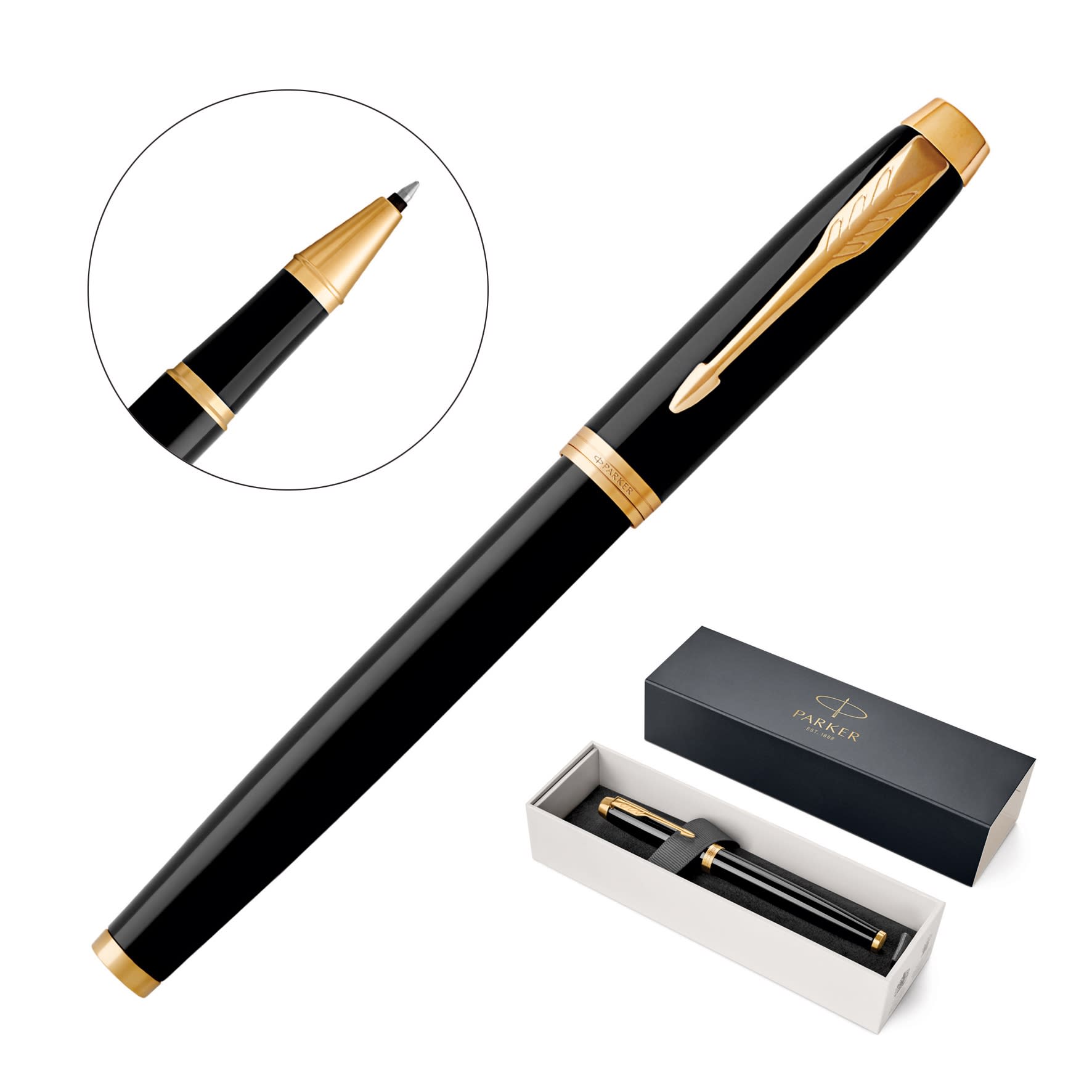 A metal rollerball pen in lacquer black with gold trim displayed alongside its packaging.