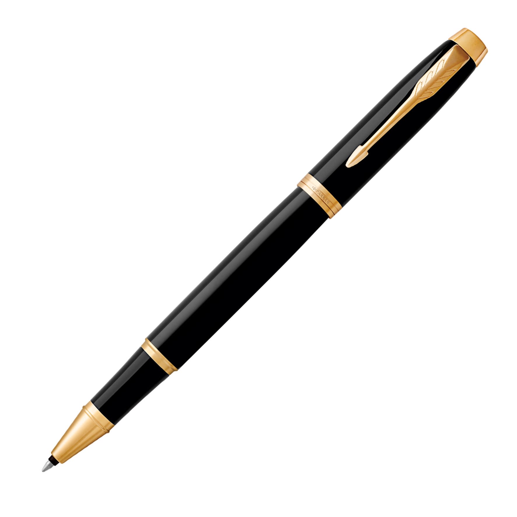 A rollerball pen in lacquer black with gold trim and a decorative clip, featuring a logo.