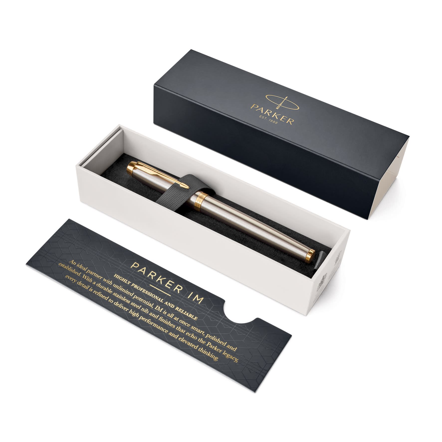 A brushed stainless steel rollerball pen in an elegant gift box, featuring gold accents and a brand logo.