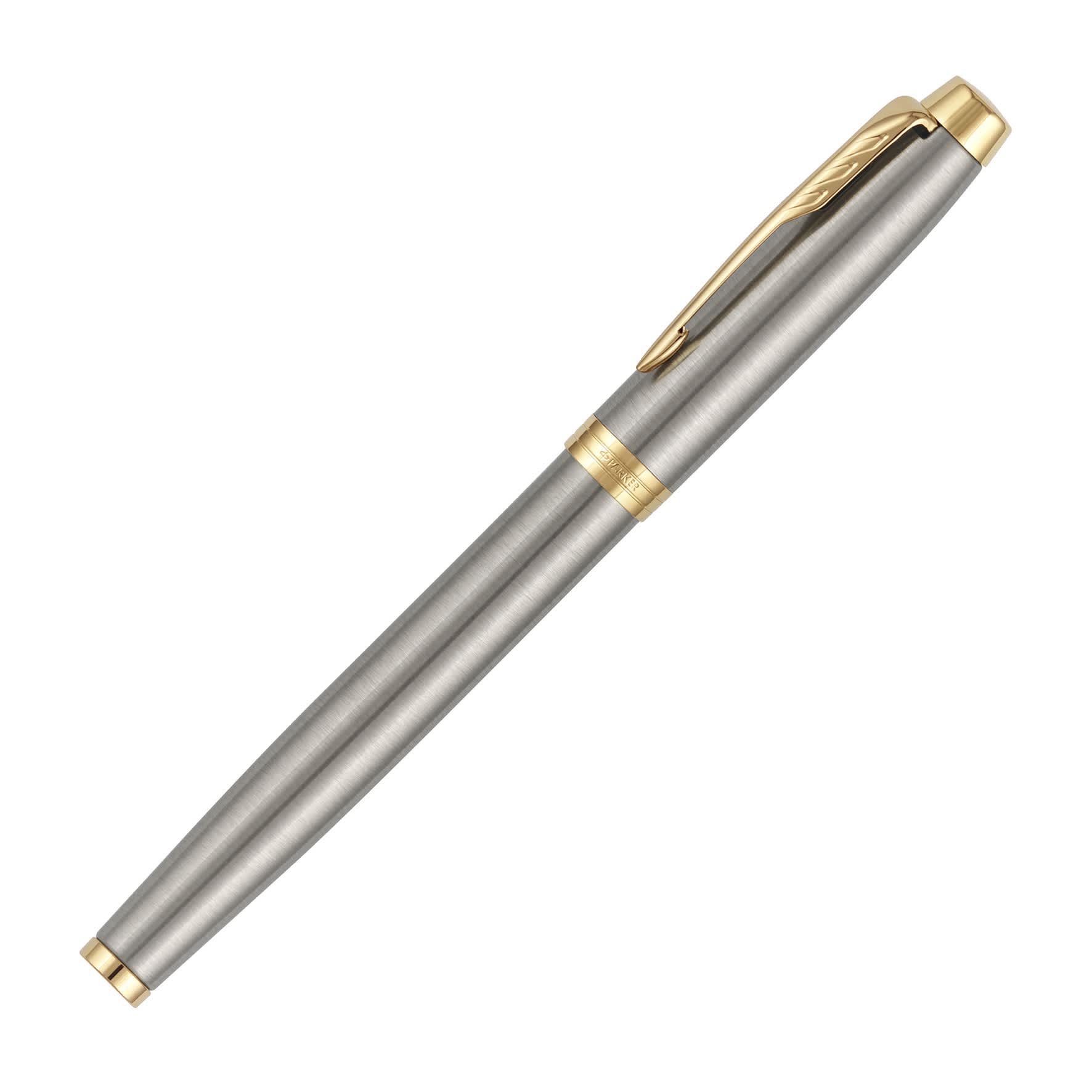 A metal rollerball pen in brushed stainless steel with gold accents and a clip. Features a sleek, elegant design.