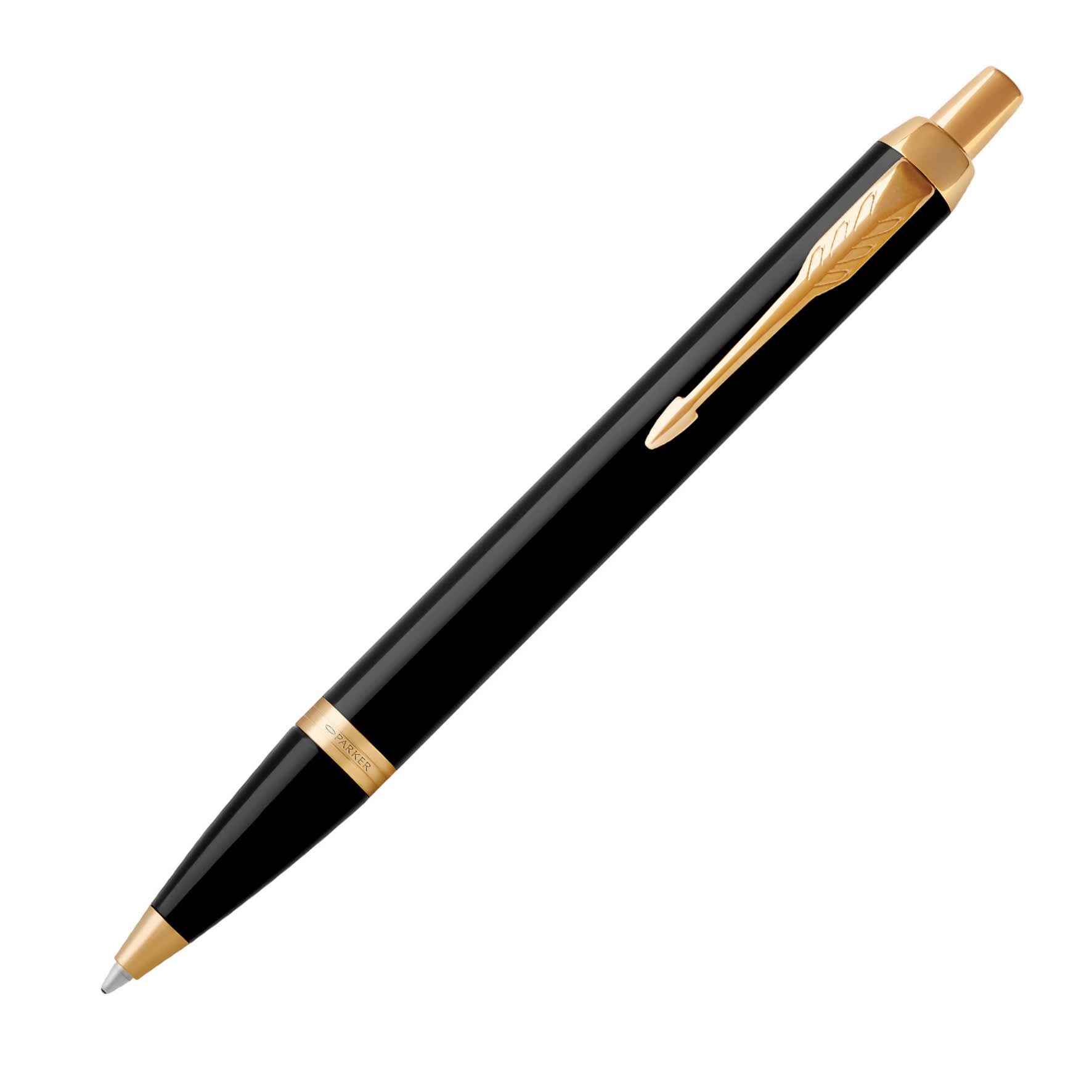 A metal ballpoint pen in lacquer black with gold trim. The pen features a clip and has a brand logo.