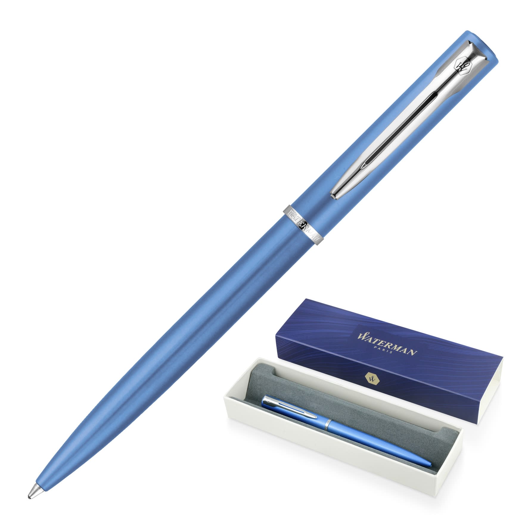 A blue ballpoint pen with a silver clip, presented in a white and blue box with a logo.
