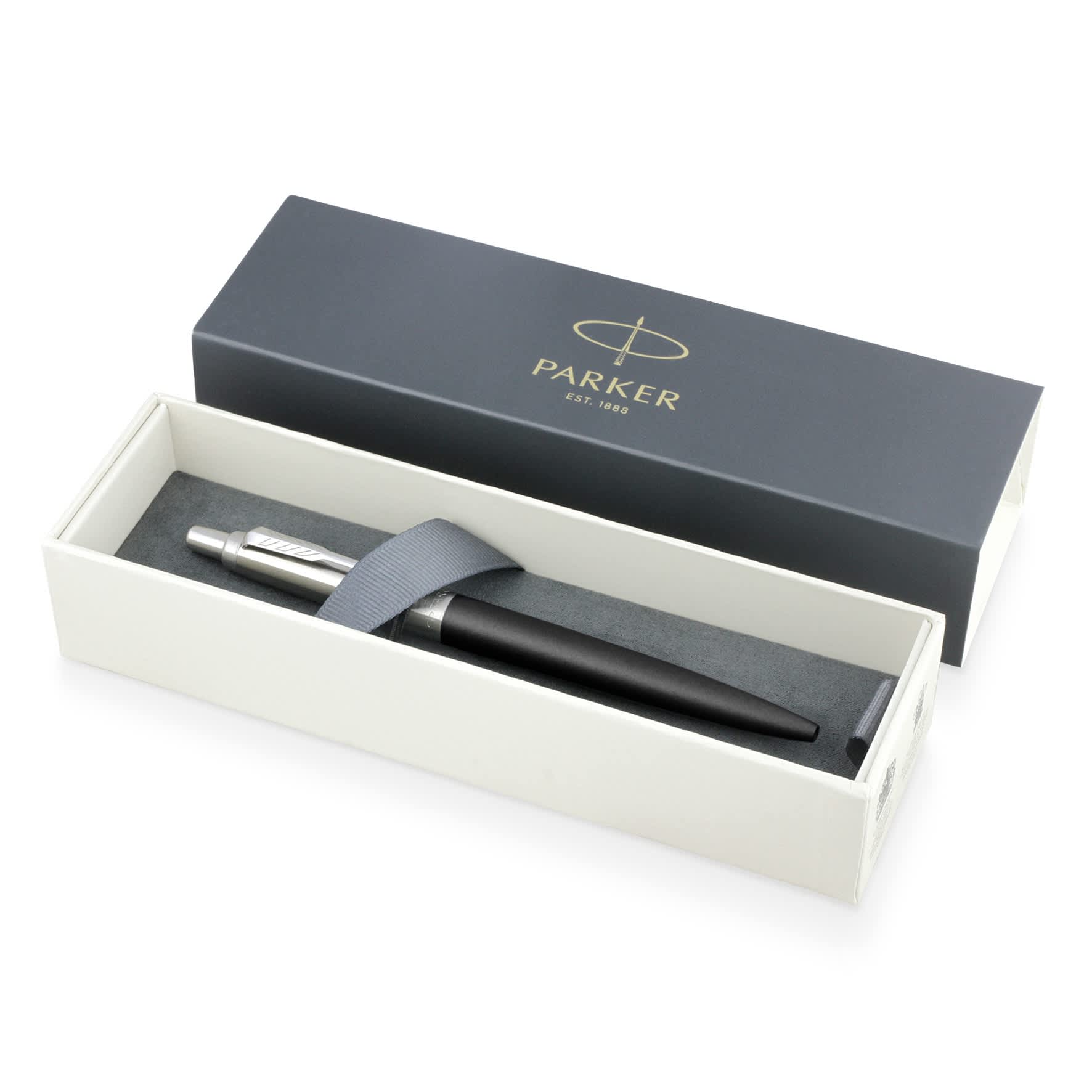 A metal ballpoint pen in matte black, presented in a stylish box with a logoed lid and grey cushioning.