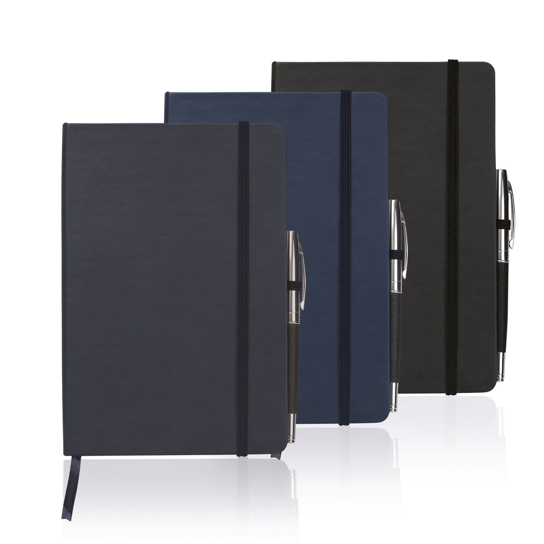 A set of three A5 executive notebooks in navy, dark grey, and black, each with a pen and an elastic band.