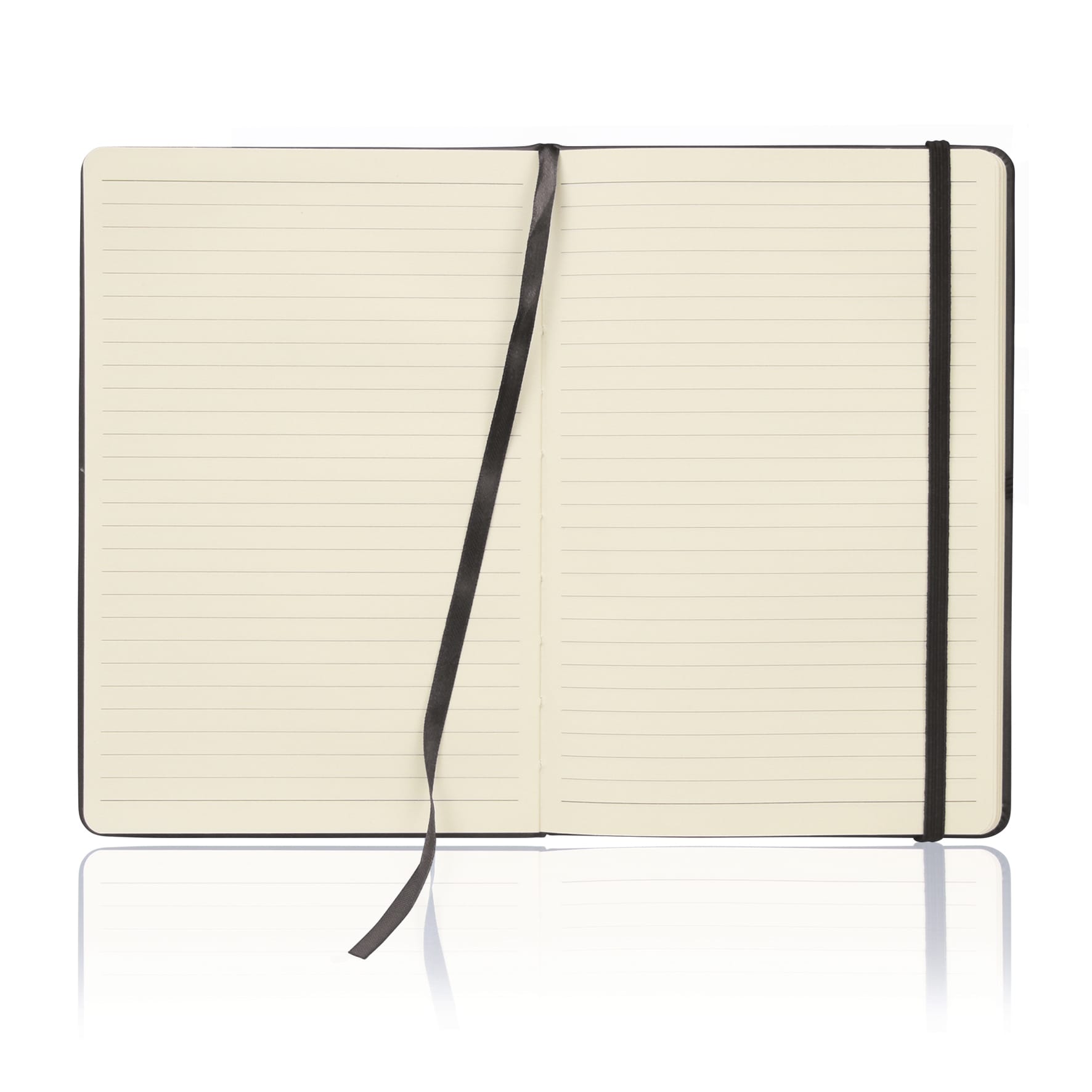 A black A5 notebook journal with lined pages and a ribbon marker, featuring a black elastic closure.