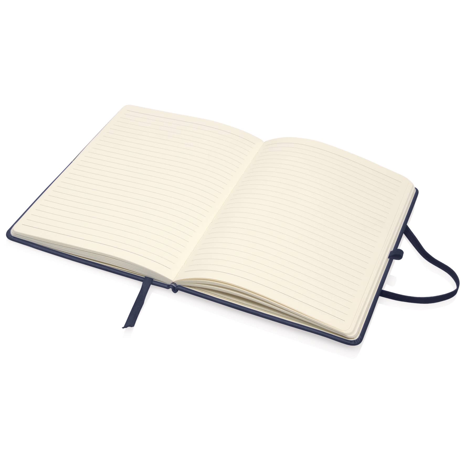 An A5 executive notebook journal in navy blue with lined pages and a ribbon bookmark. It features a logo on the cover.