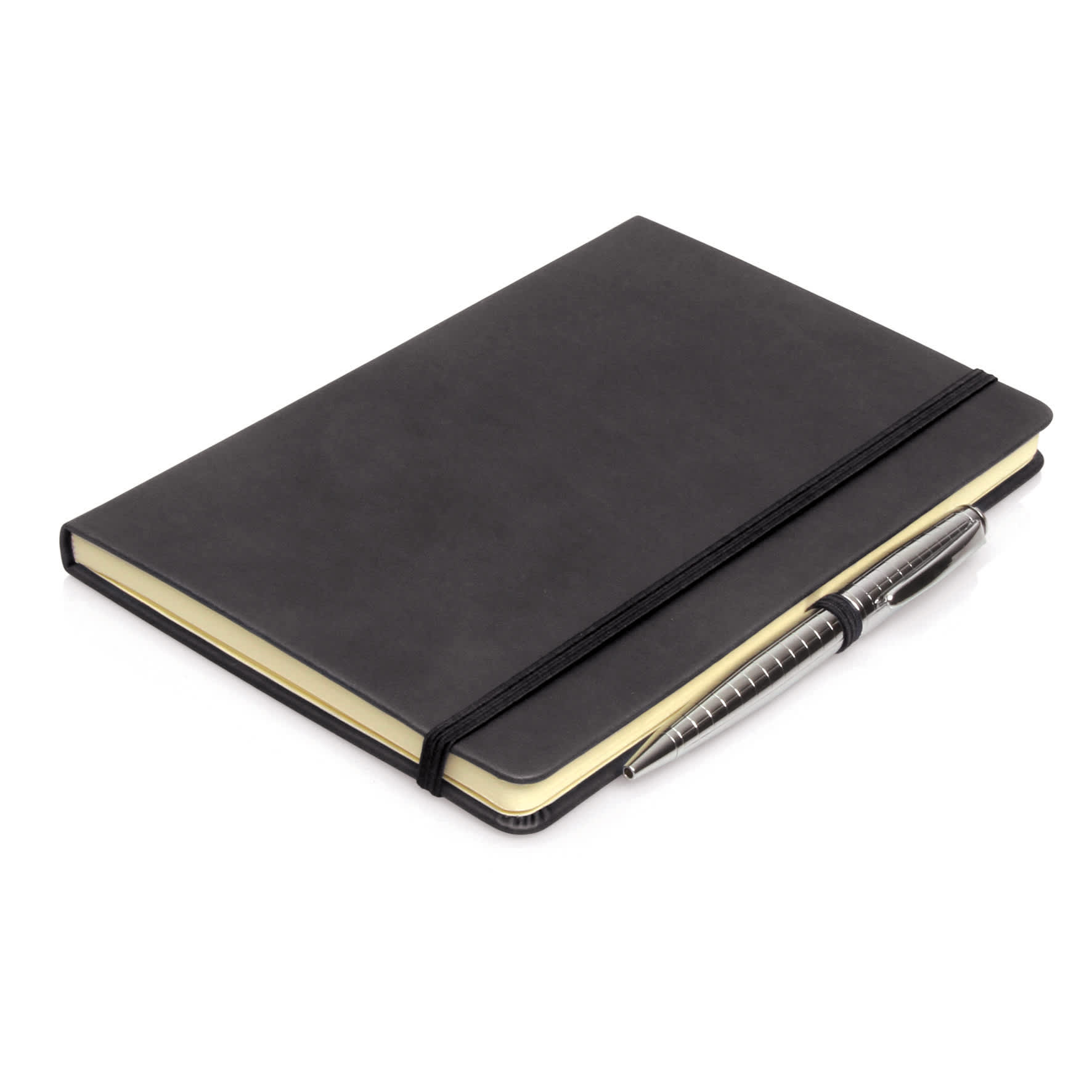 A black A5 executive notebook journal with an elastic band and a silver pen beside it.