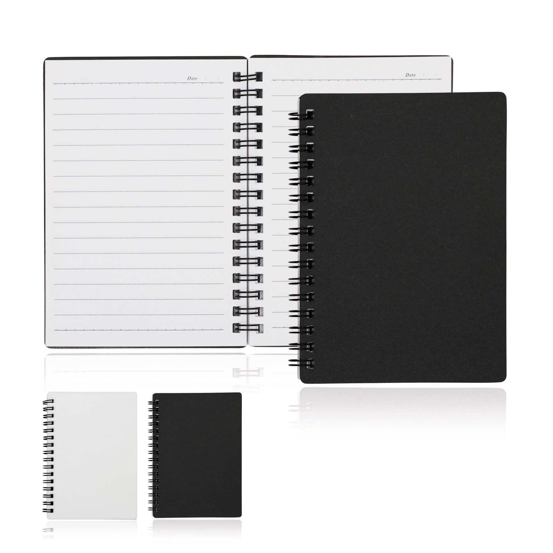 A black A6 spiral-bound notebook with lined pages, featuring a sleek cover and multiple sizes displayed.