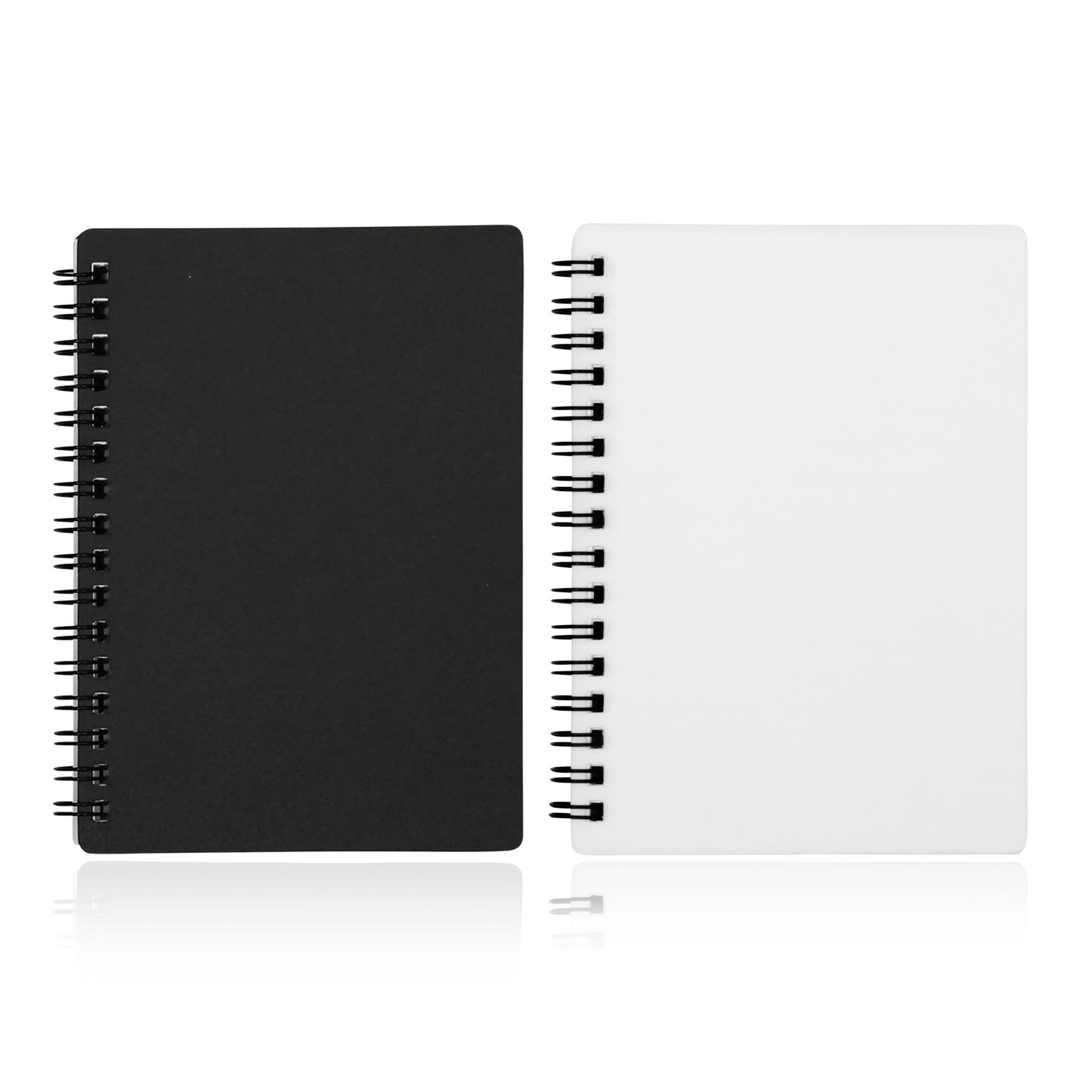 A spiral-bound A6 notebook featuring a black cover and a white cover, with visible spiral binding.