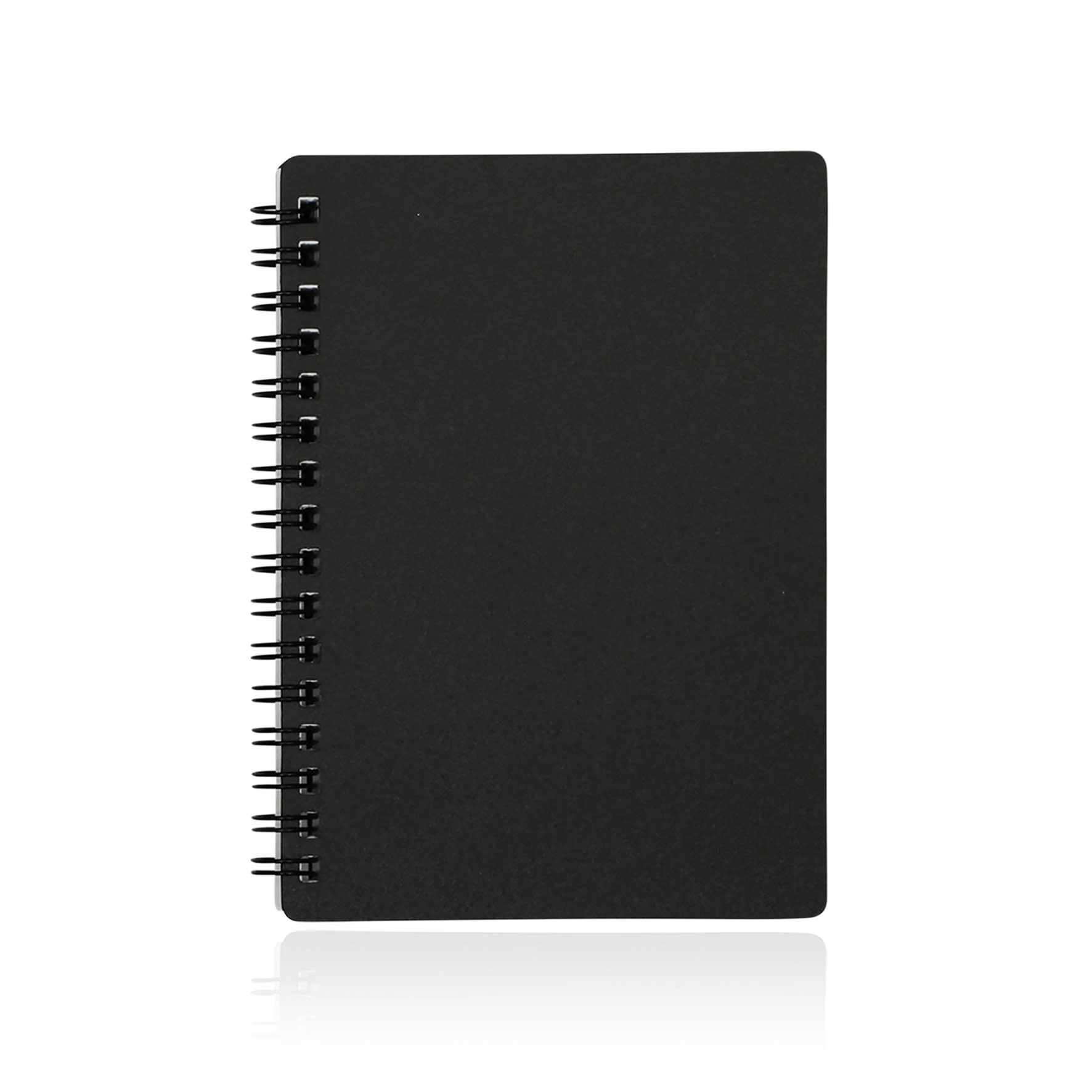 A black A6 spiral-bound notebook with a plain cover and visible spiral binding.