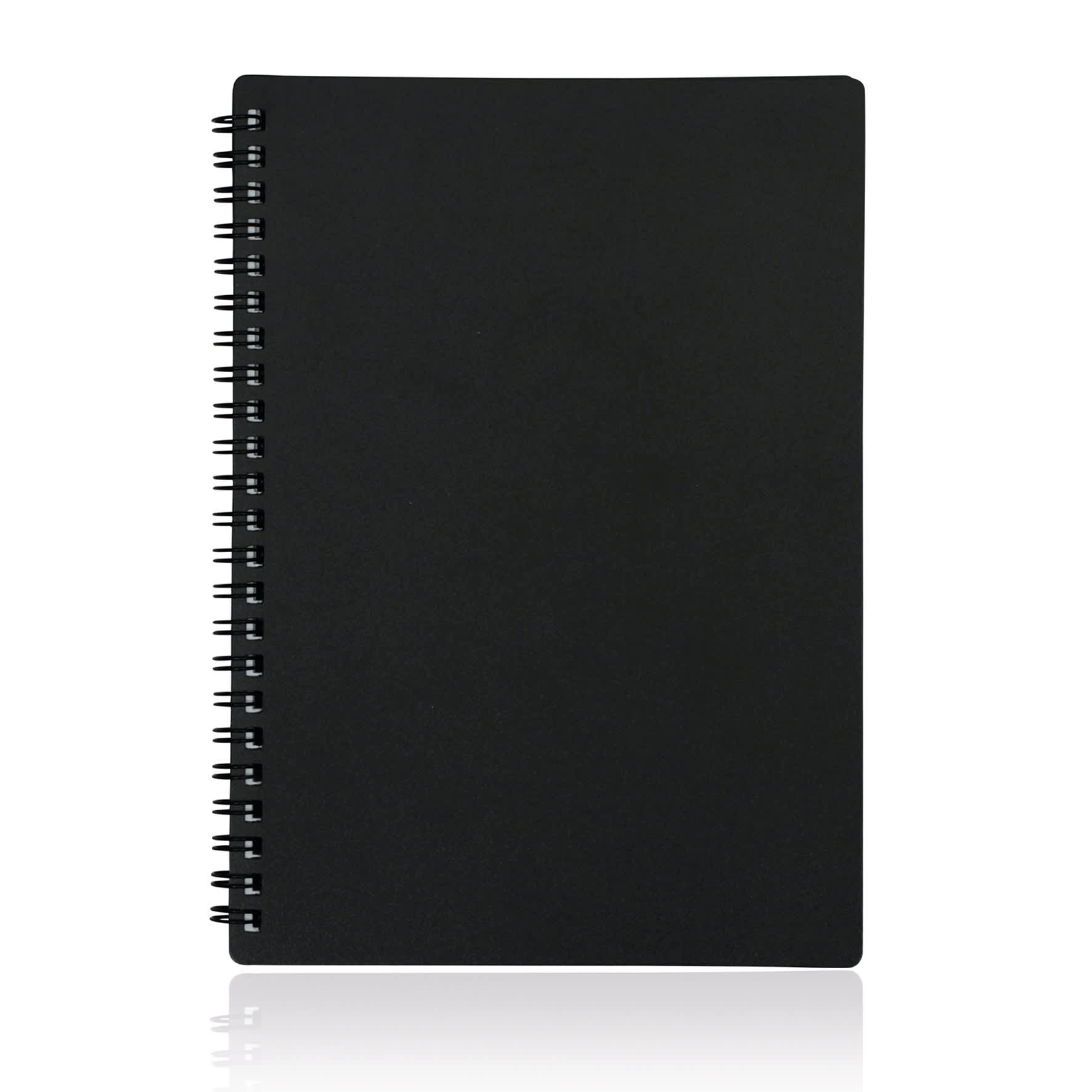 A spiral-bound A5 notebook in black with a simple design and a black coil binding.