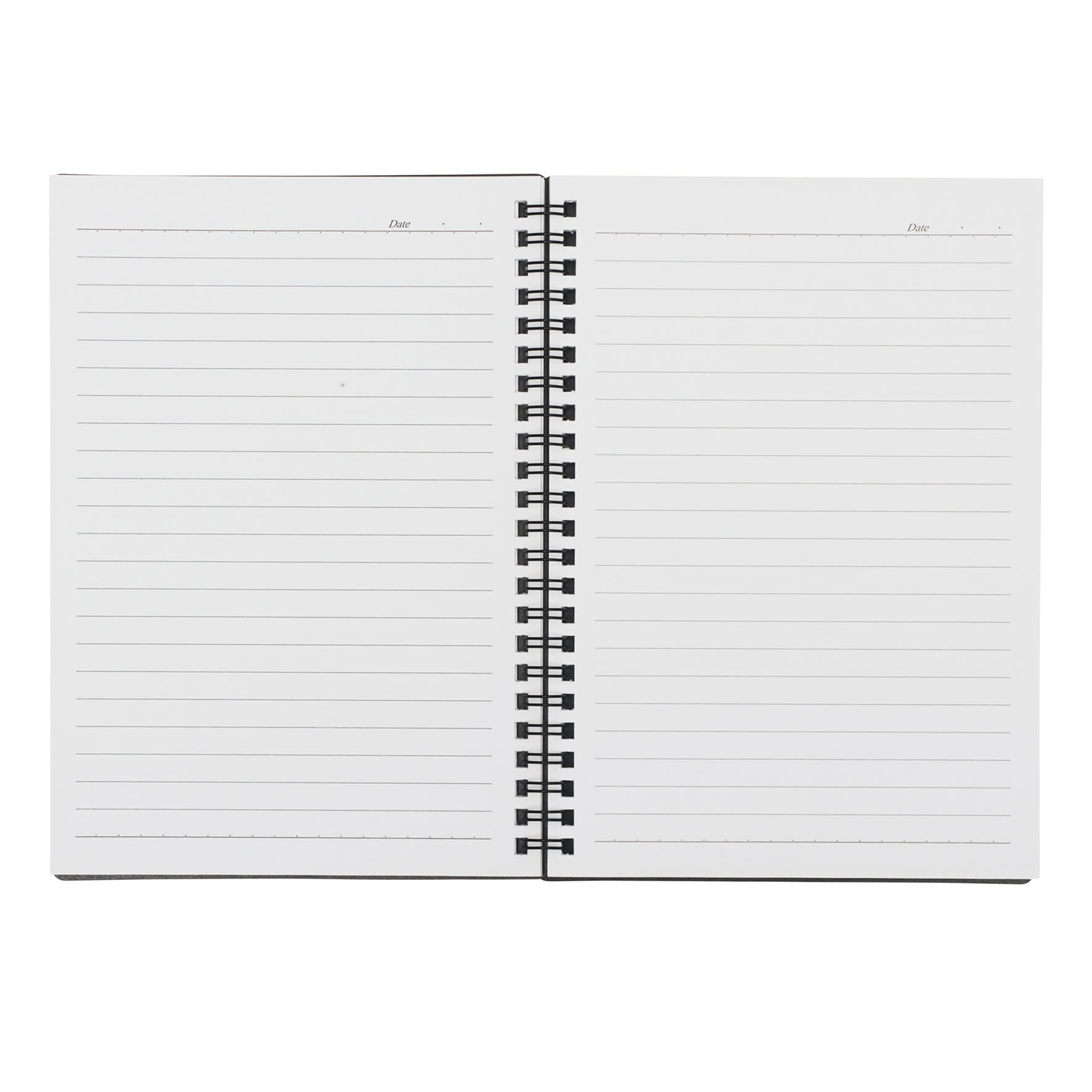 A spiral-bound A5 notebook with blank lined pages and a black cover. It features a simple design without any text.