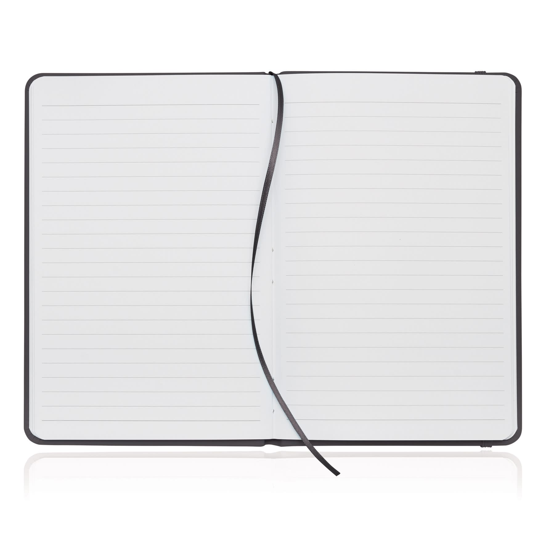 A black A5 notebook journal with a leather-look cover, featuring lined pages and a ribbon bookmark.