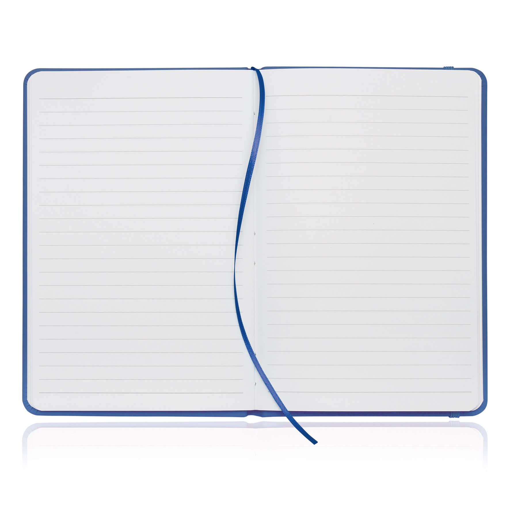 A blue A5 notebook journal with a leather-like cover and lined pages, featuring a ribbon bookmark.