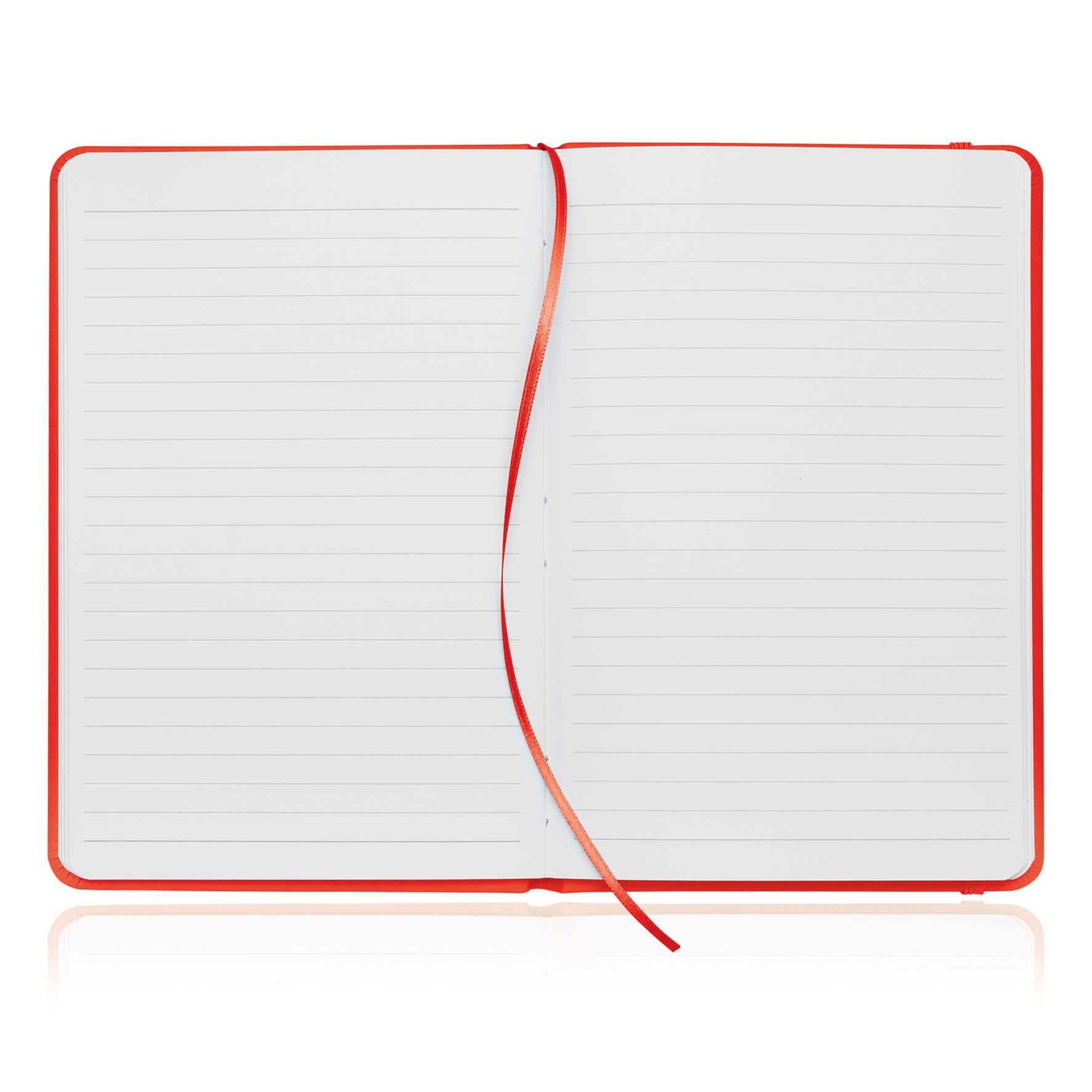 A red A5 notebook journal with lined pages and a ribbon marker. It has a smooth leather-like finish.