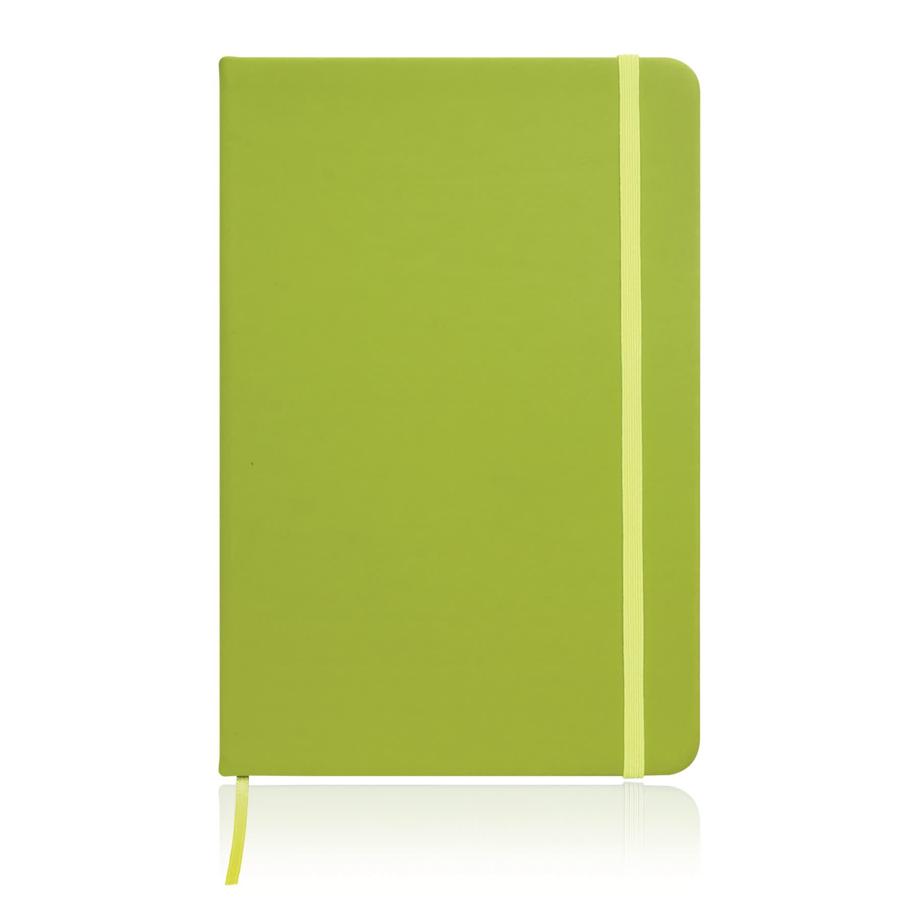 A green A5 leather-look notebook journal with a matching elastic closure and bookmark ribbon.