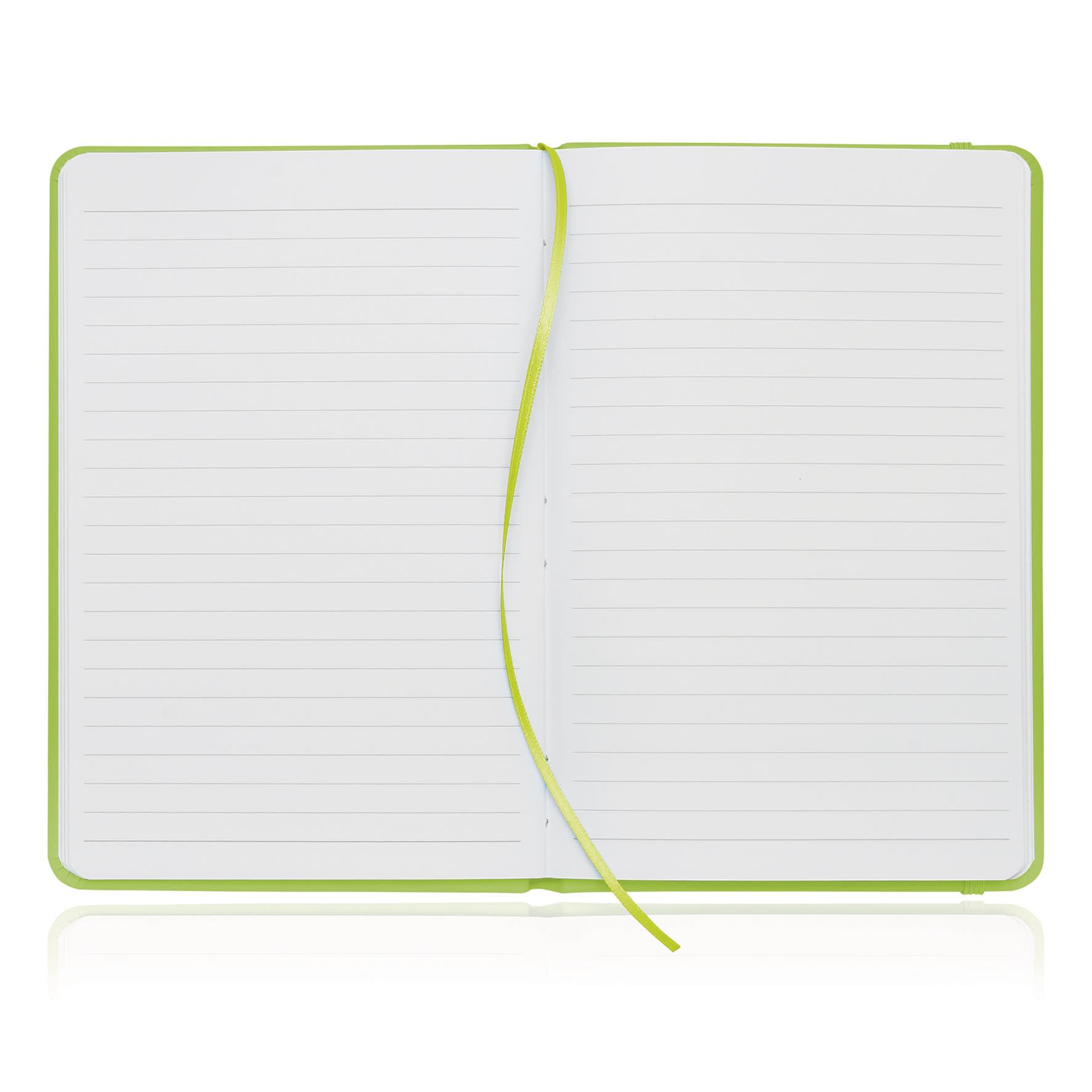 An A5 notebook journal with a leather look, featuring a green exterior and blank lined pages inside.