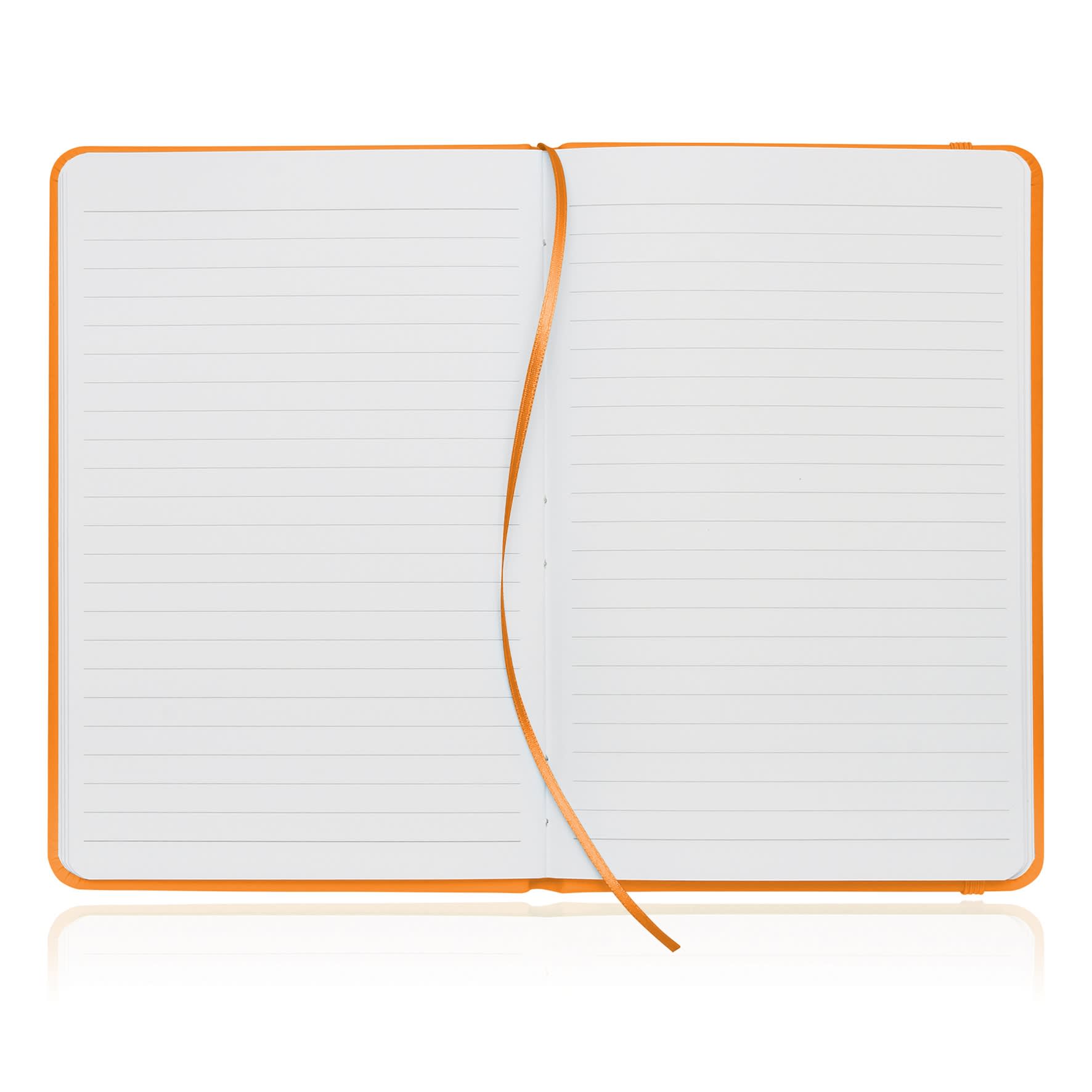A notebook journal with a leather-look cover in vibrant orange, featuring lined pages and a ribbon bookmark.