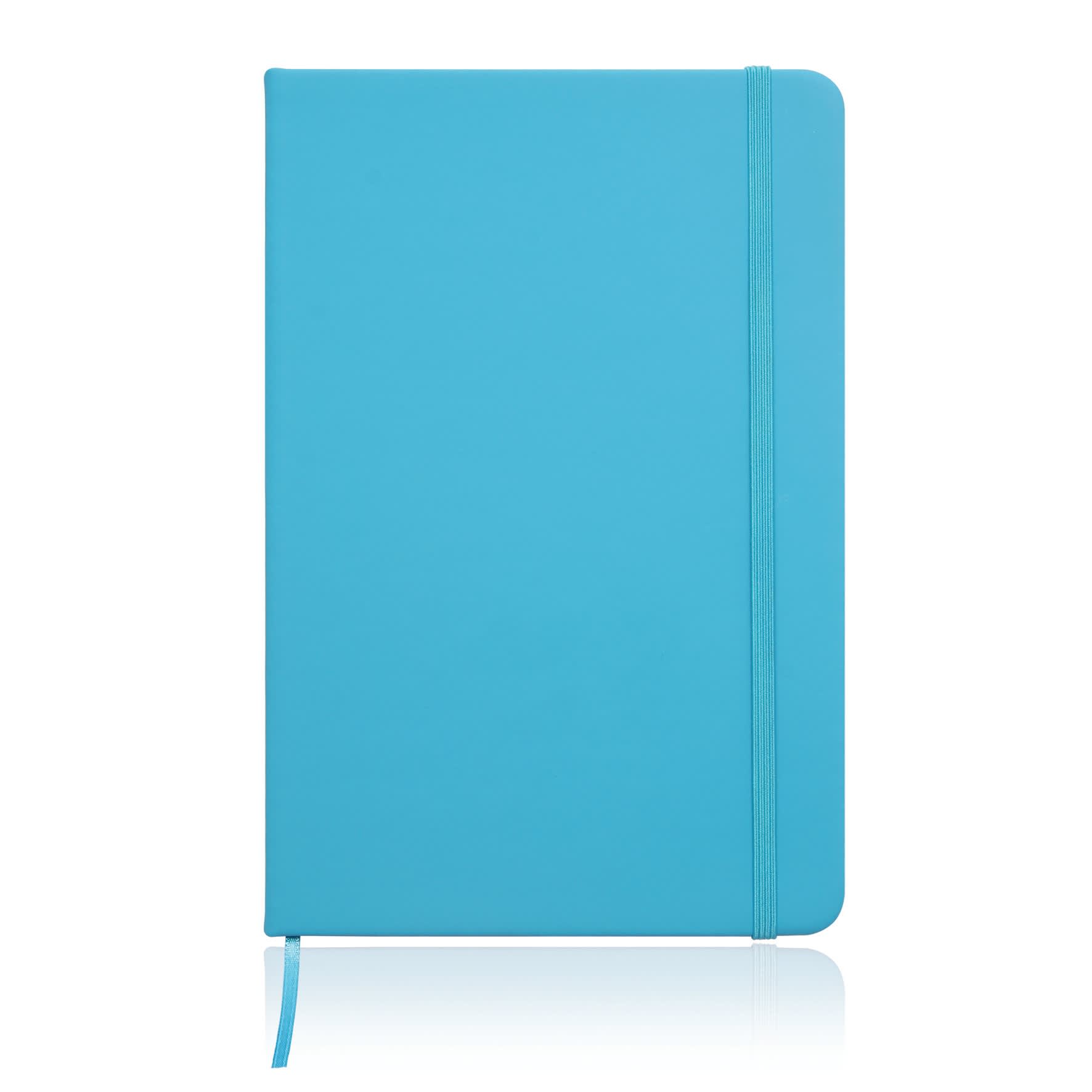 A turquoise A5 notebook journal with a leather look and an elastic closure. Features a logo on the cover.