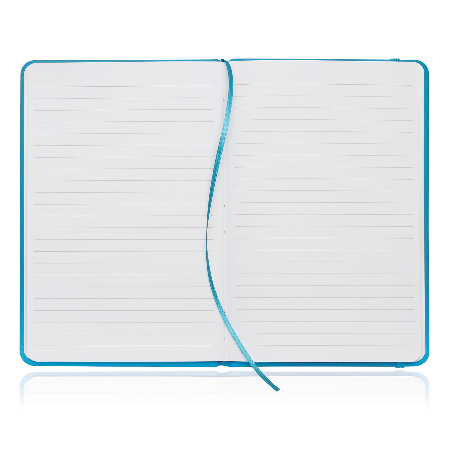 A A5 notebook journal with a leather-look finish, featuring a bright turquoise cover and lined pages.