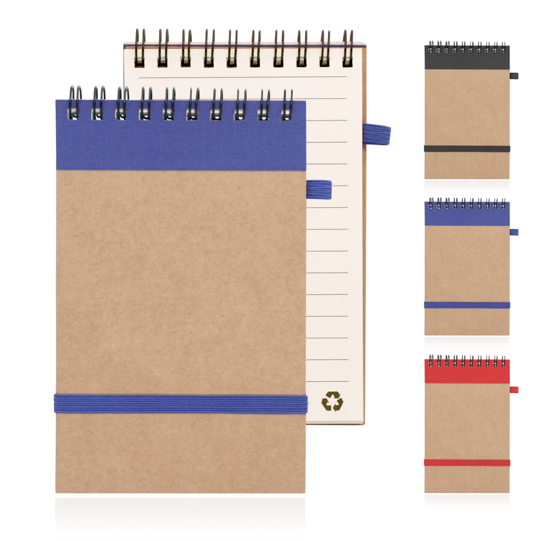 A spiral-bound eco notepad featuring recycled paper, available in brown, blue, red, and grey. Includes a logo.