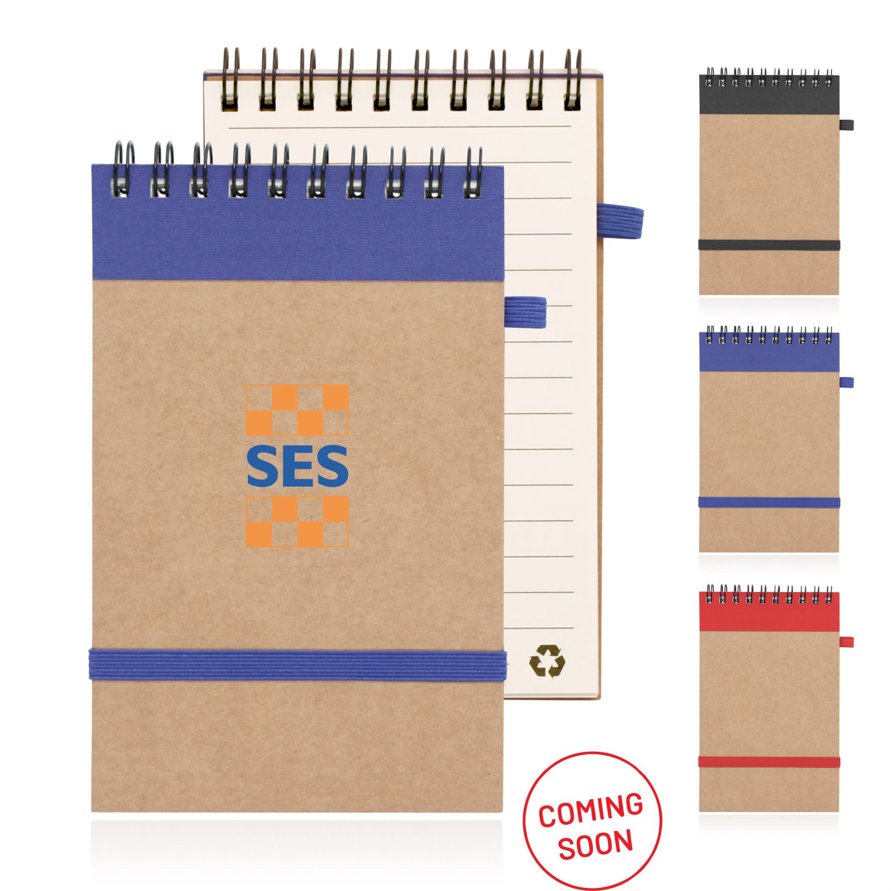 A recycled paper spiral-bound notepad in brown, featuring a coloured band and a logo, available in multiple colours.