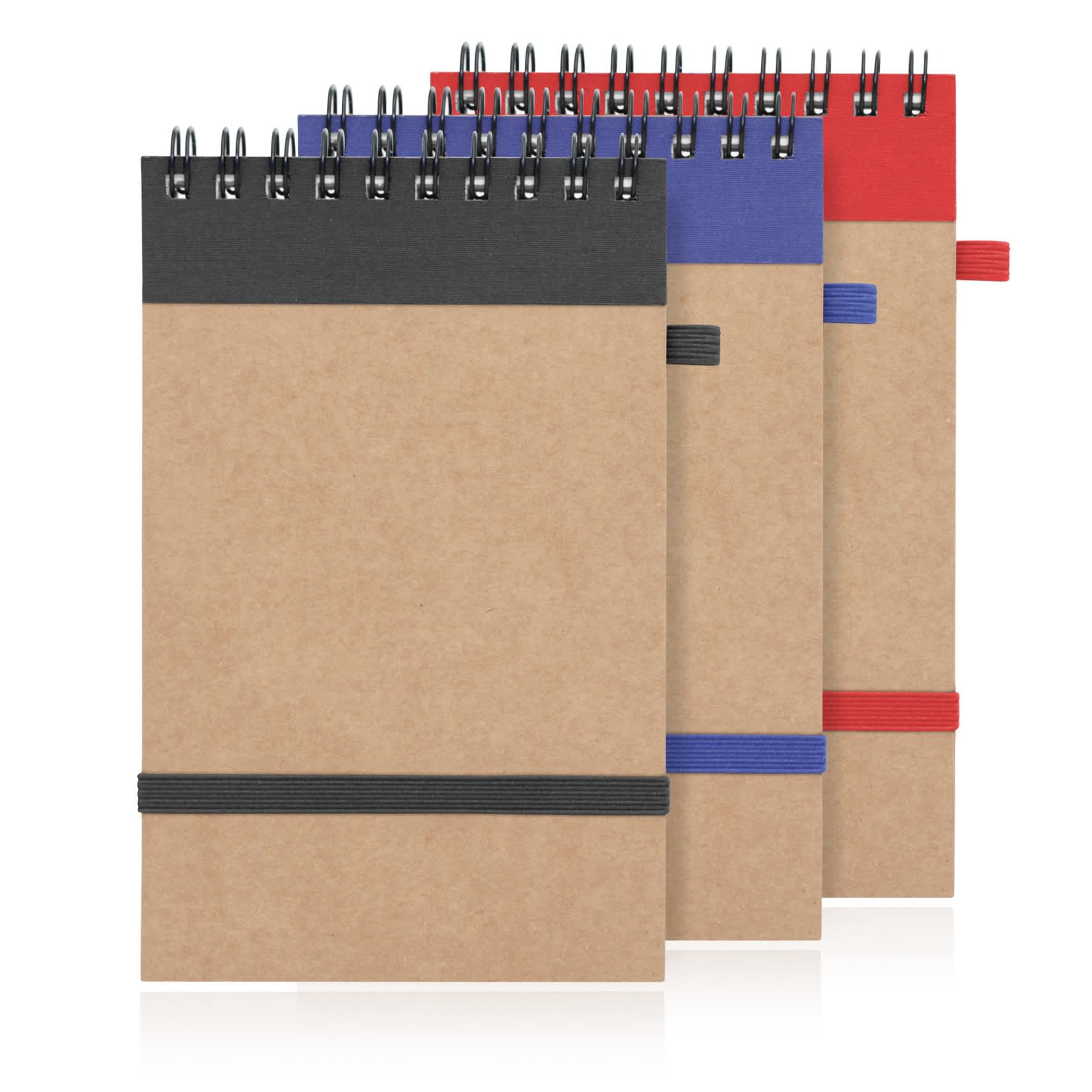 A set of three spiral-bound notepads made from recycled paper, featuring black, blue, and red elastic bands.