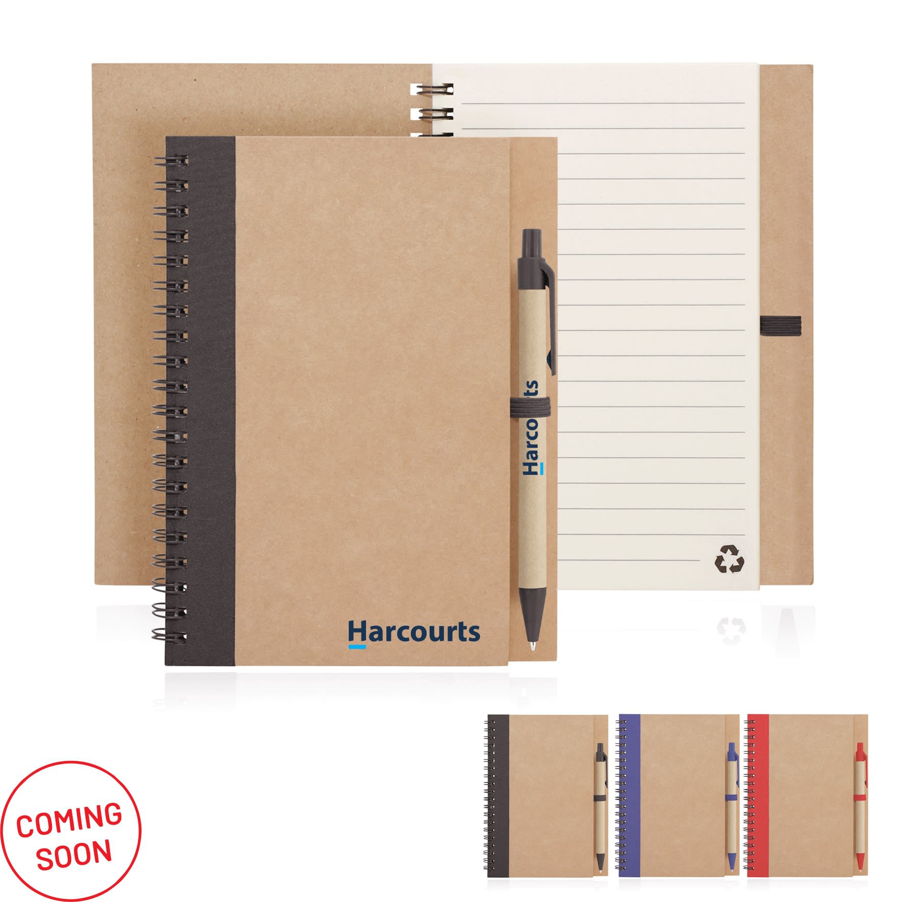 A recycled paper spiral-bound eco notebook in brown with a matching pen, featuring a logo and available in multiple colours.