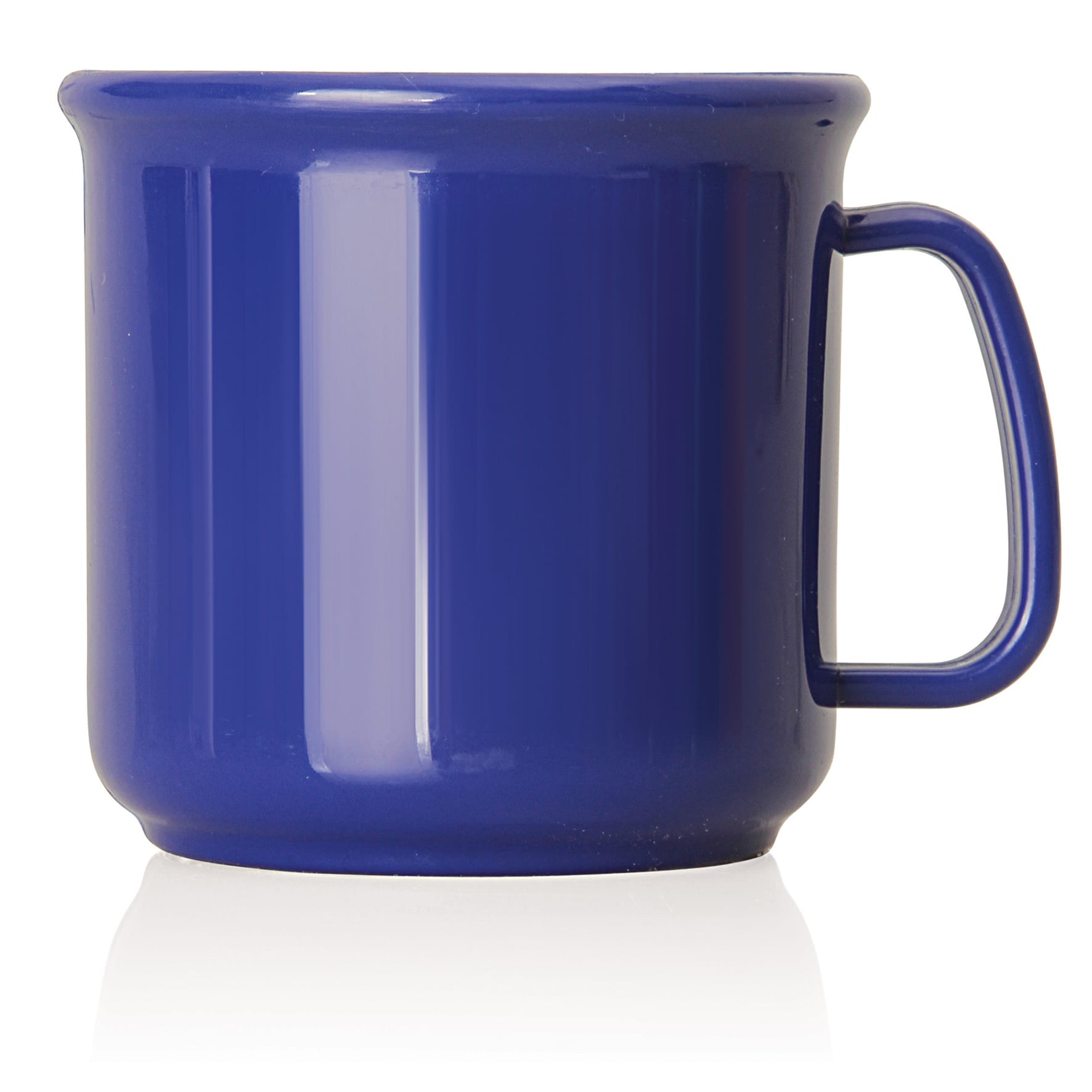 A plastic cup in a deep blue colour with a handle, featuring a smooth and shiny finish.